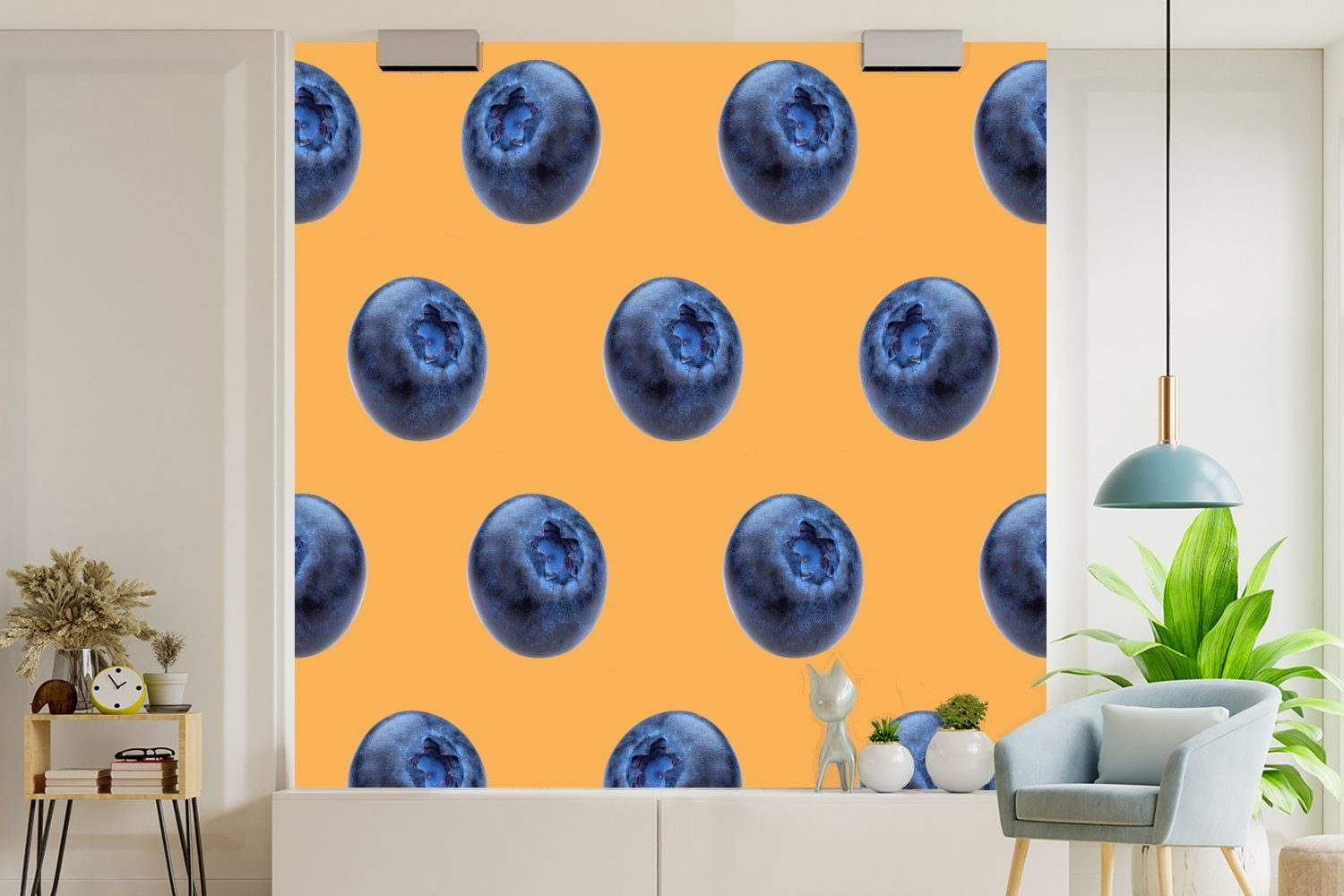 Vinyl - Beere bedruckt, Wandtapete St), - Wohnzimmer Tapete Fototapete oder Schlafzimmer, Muster, (5 MuchoWow für Matt, Blaue Orange