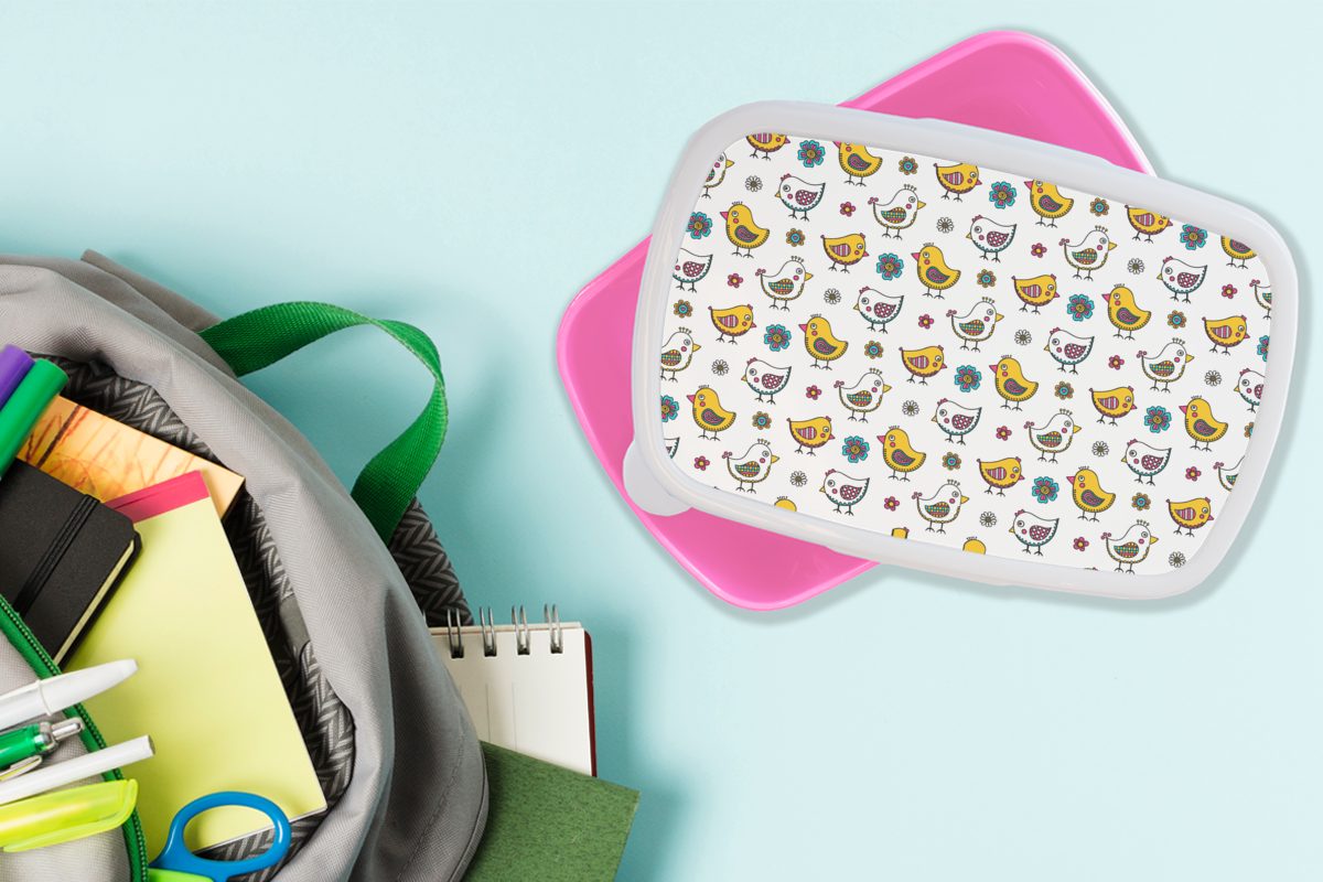 MuchoWow Lunchbox Huhn Kunststoff Muster Brotdose - rosa - - Frühling Snackbox, für Kunststoff, Mädchen, (2-tlg), Kinder, Kinder, Blumen - Brotbox Erwachsene