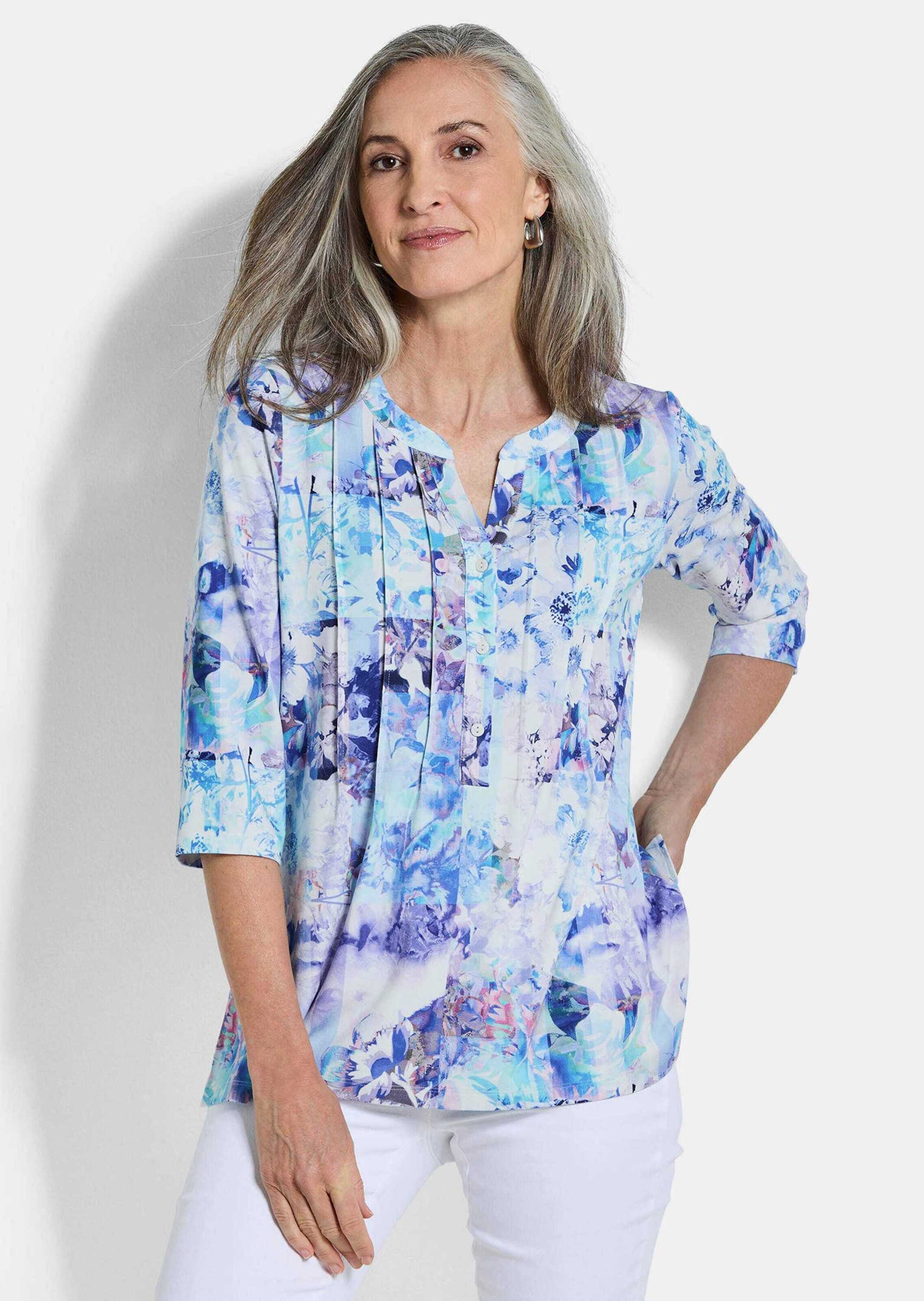 GOLDNER Tunika Sommertunika mit Biesen Druckbluse mit U-Boot-Ausschnitt mit V, Seitenschlitzen und 3/4-Arm