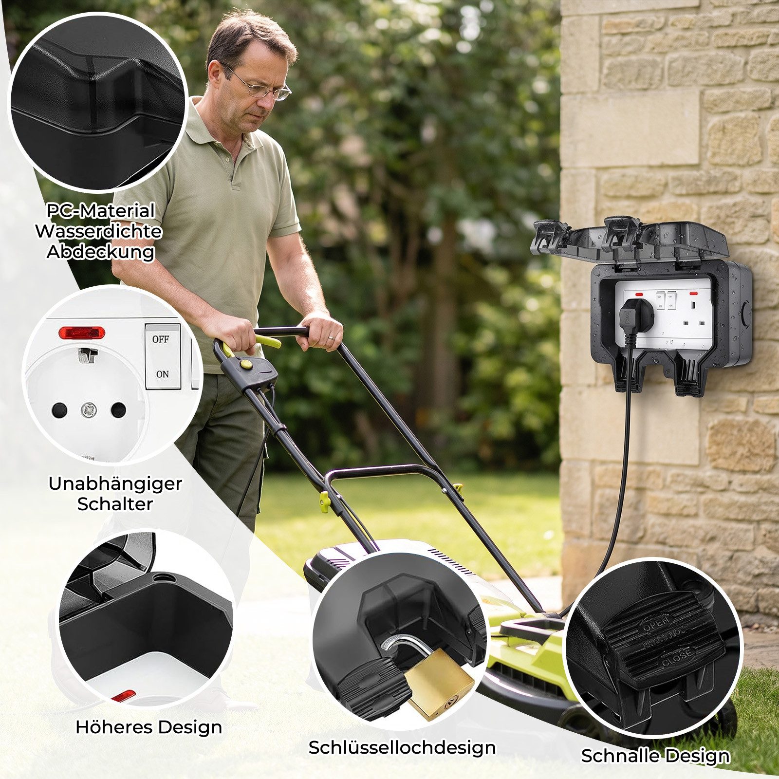 AKKEE Gartensteckdose Außensteckdose Steckdose Garten IP66 Wasserdicht mit Schutzkappe, Für Garten, Garage, Küche, Badezimmer