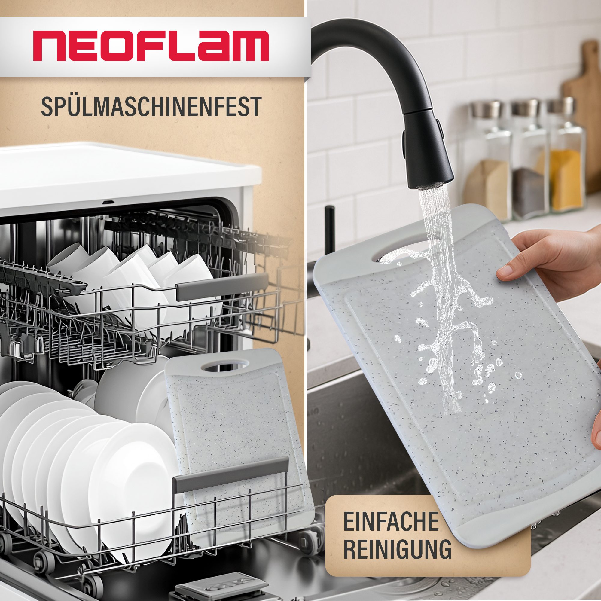 NEOFLAM® Schneidebrett Flutto Antibakterielles Frühstücksbrettchen Set 4tlg. - Granitgrau, Kunststoff (PP), (4-St)