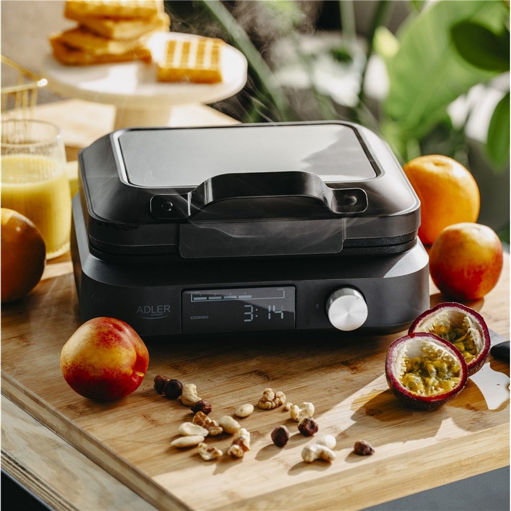 ADLER EUROPE Waffeleisen AD 3087 Belgisches Doppelwaffeleisen mit LED Display Waffelautomat, 2200 W, Waffelmaschine, Antihaftbeschichtung, 6 Bräunungsstufen, schwarz