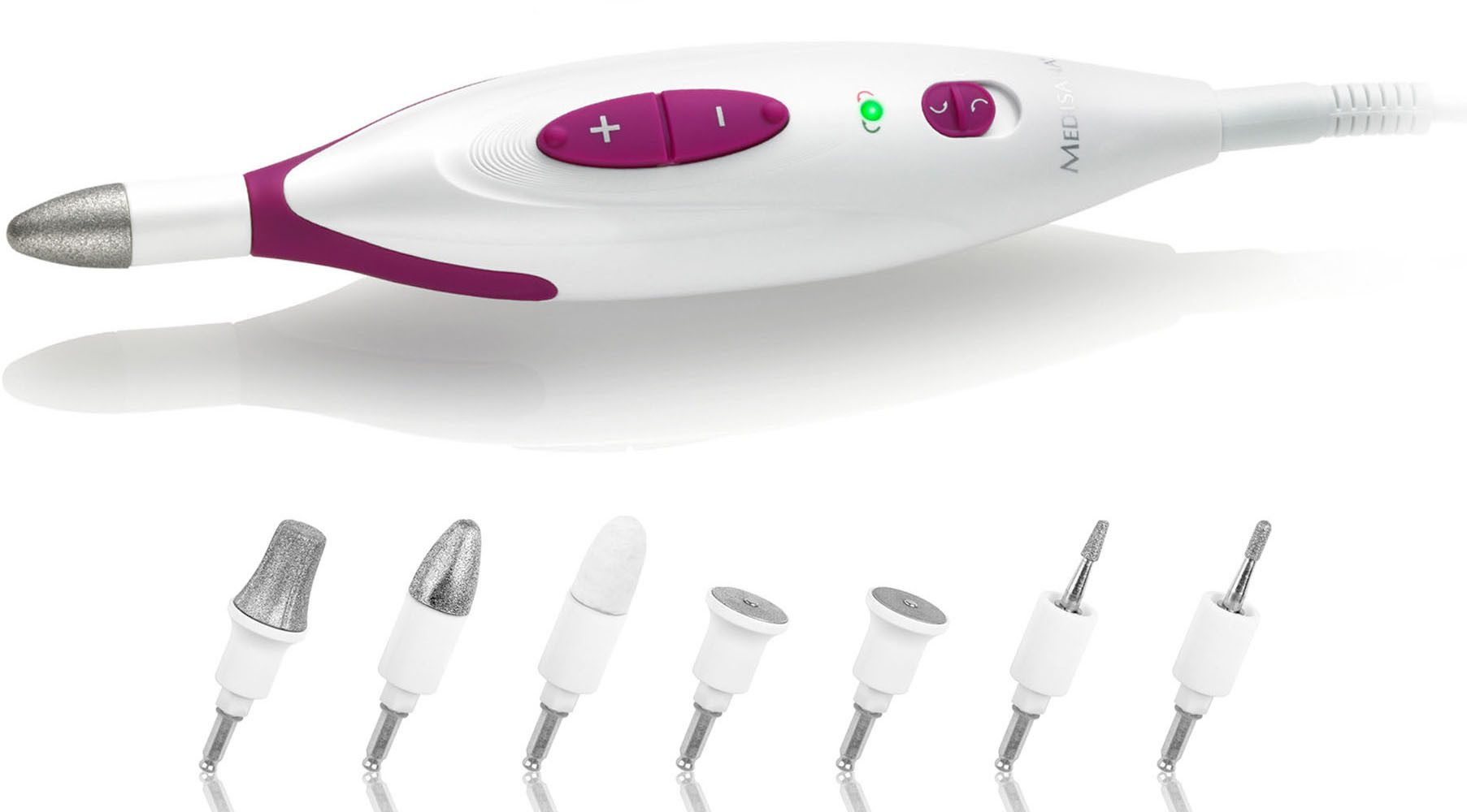 Medisana Maniküre-Pediküre-Set MP 815, für Nägel, Nagelhaut u. Hornhaut, 2 Stufen, Links-/Rechtslauf,Aufsätze