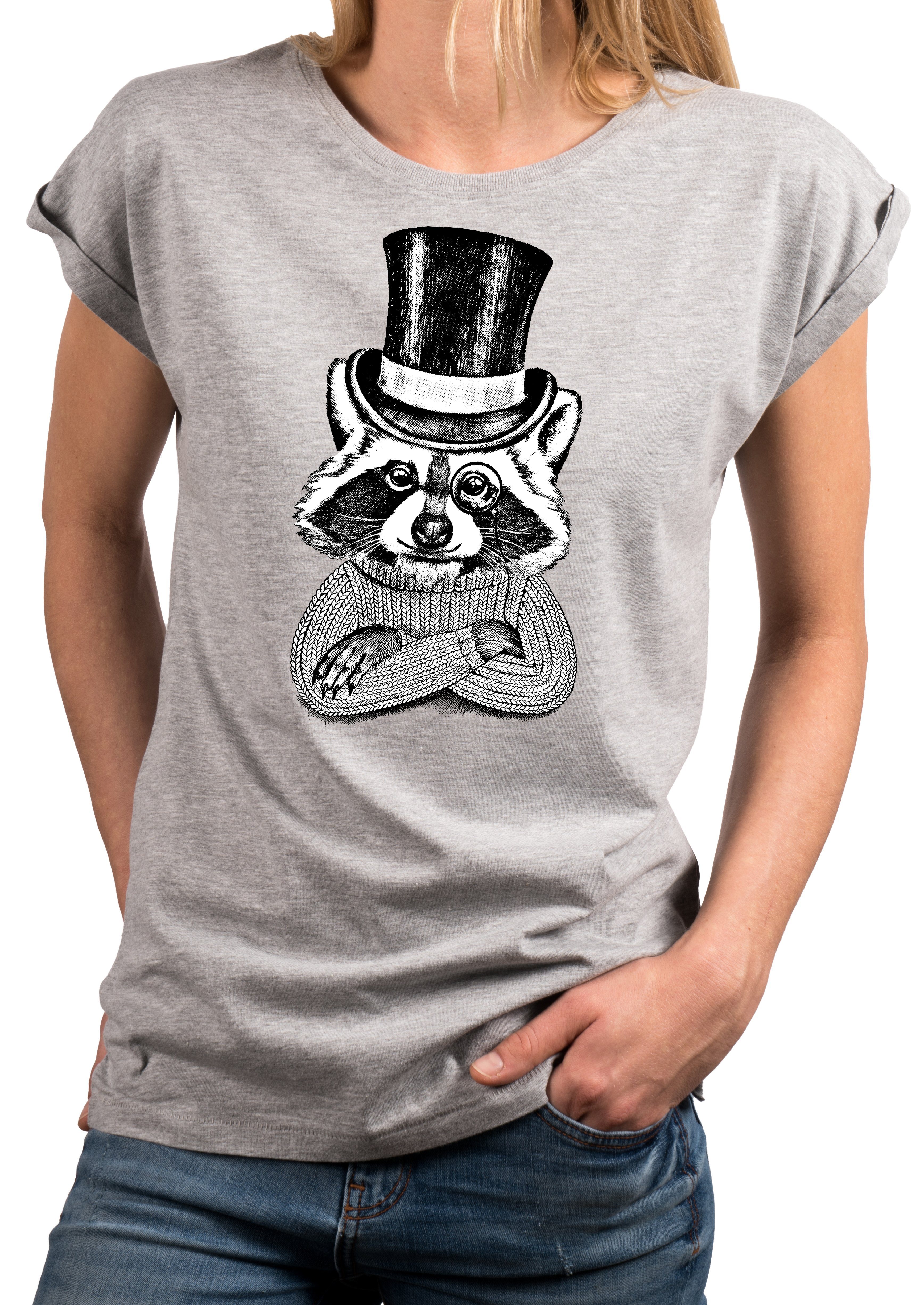 Print-Shirt Damen Tiermotiv Waschbär Top Sommer Oberteile Frauen Damenshirt