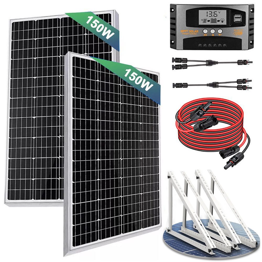 Rhein Beleuchtung Solarmodul 300W Solarpanel Set 12V für Wohnmobil, Camping & RV Stromversorgung, 300 W, Monokristallin, (1-St., Inkl. 40A MPPT-Regler, Y-Kabel, 2×150W Module, Plug & Play), Mit Halbzellen-Technologie, IP65 wasserdicht, hohe Leistung