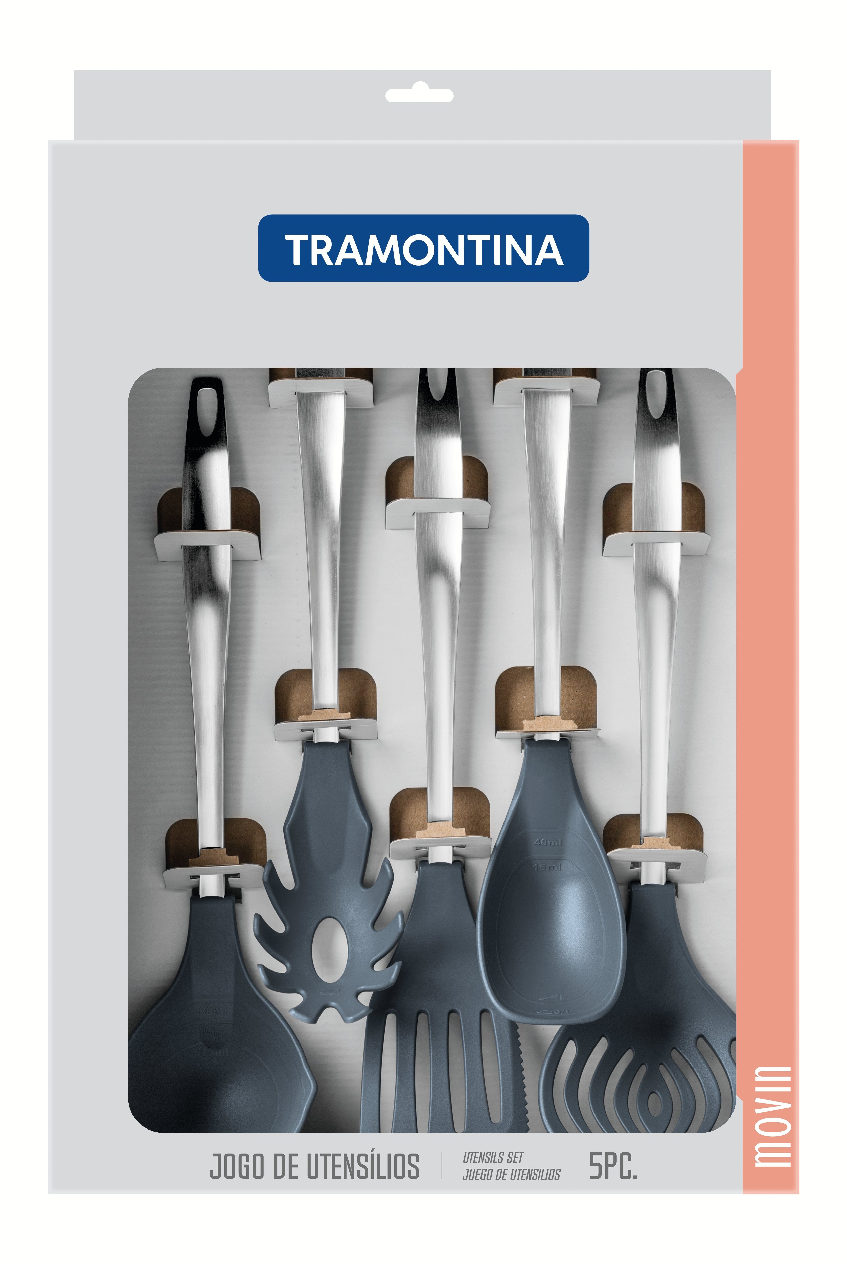 Tramontina Kochbesteck-Set MOVIN (5-teiliges für Set, antihaftbeschichtetes Set, grau Kochbesteck-Set, Küchenhelfer Küchenutensilien 5-tlg), Kochgeschirr