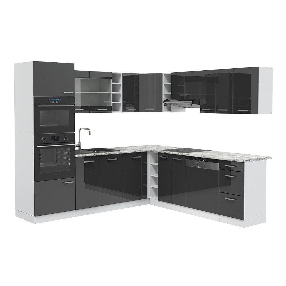 Vicco Winkelküche R-Line, Anthrazit Hochglanz/Weiß, 247 x 237 cm, AP Marmor