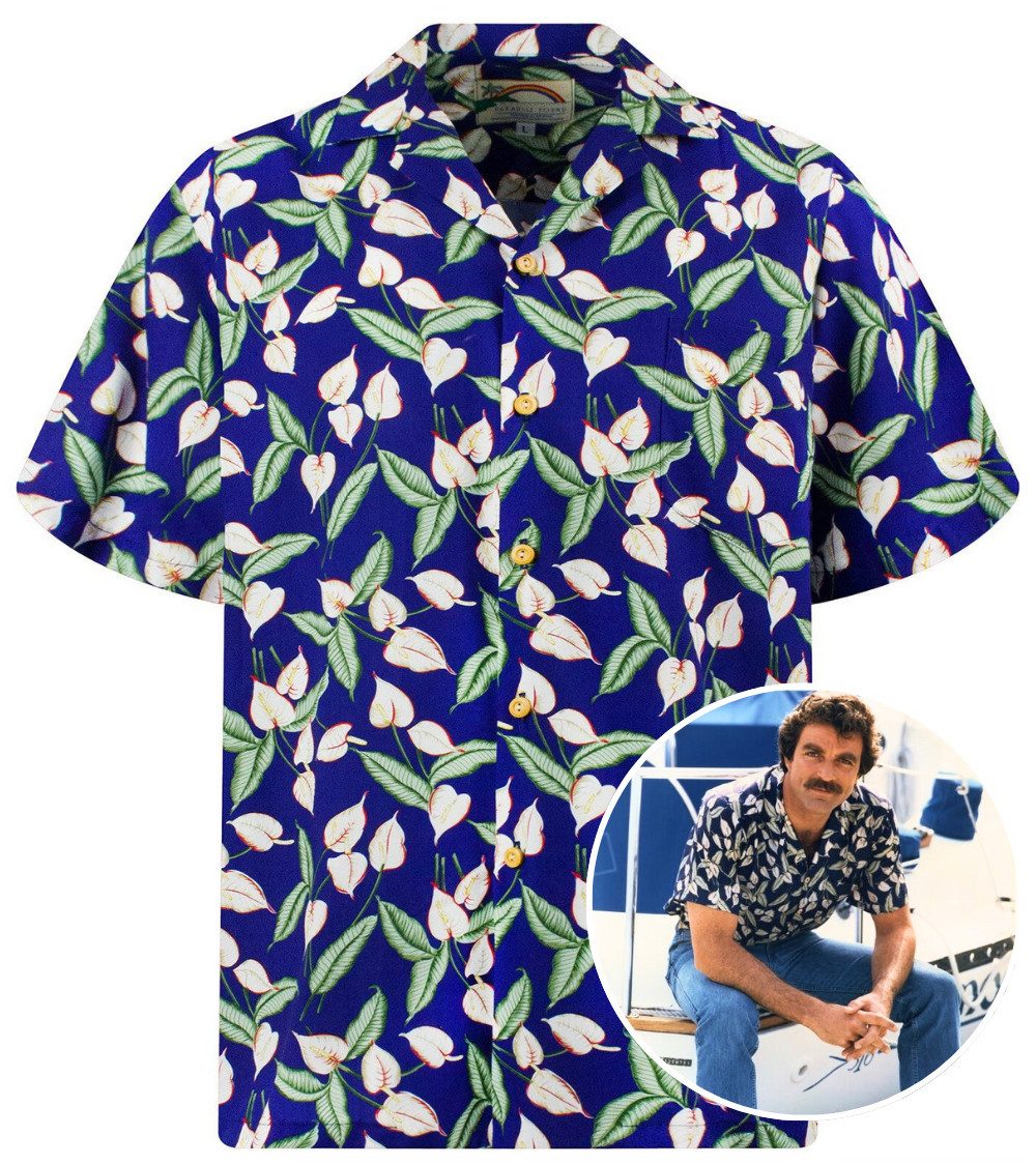 Paradise Found Hawaiihemd Tom Selleck "Green Leaves" Original Hawaiihemd Kurzarm Front-Tasche