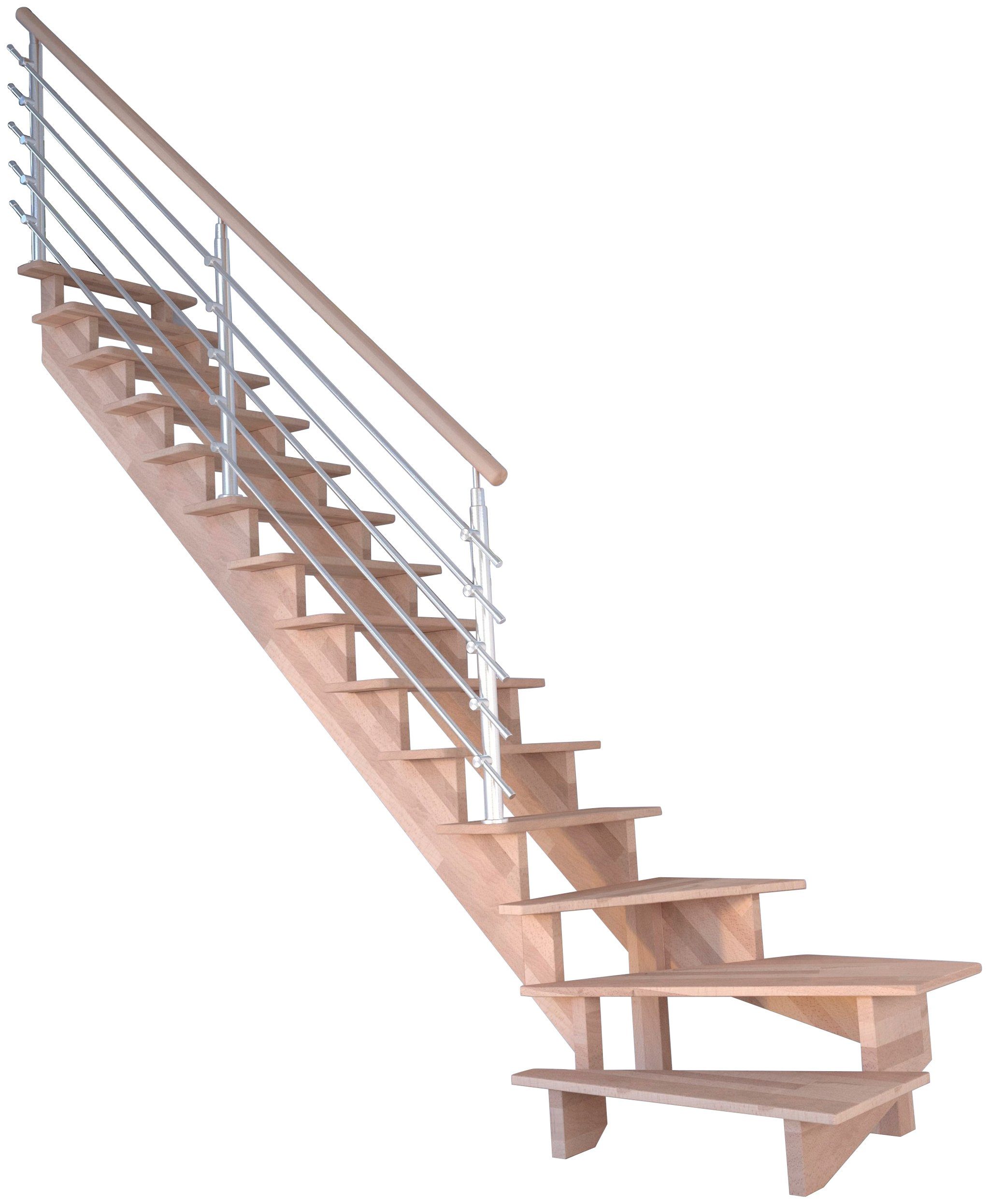Starwood Systemtreppe Massivholz Lindos, Design-Geländer Wangenteile Links, gewendelt Durchgehende für 300 Stufen Edelstahl, cm, offen, bis Geschosshöhen