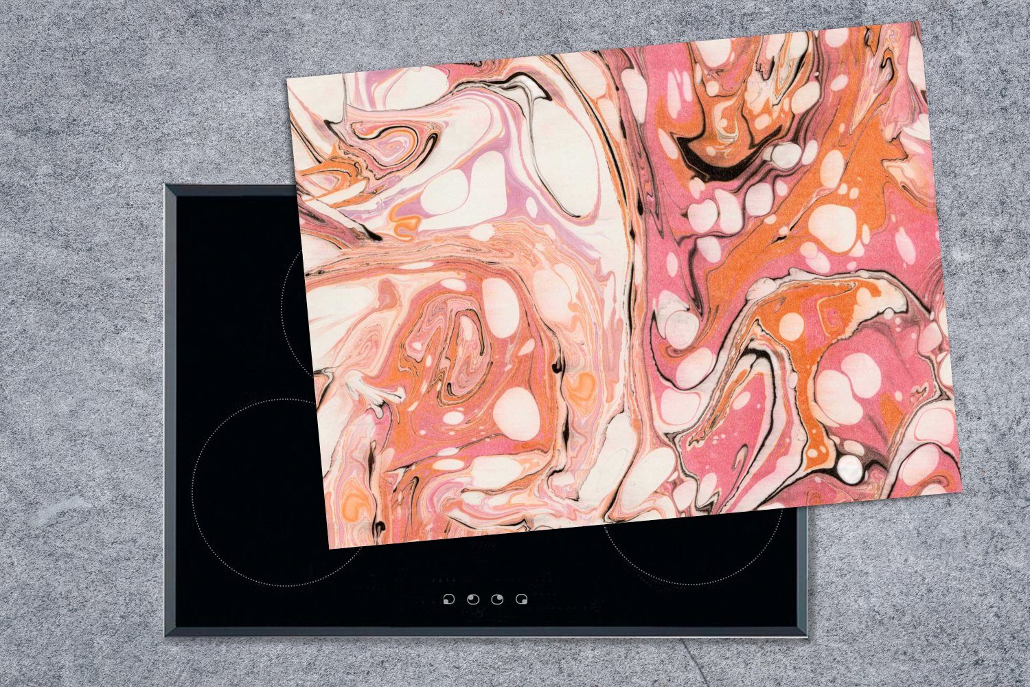 Herdblende-/Abdeckplatte tlg), - 70x52 - Vinyl, Rosa, Orange nutzbar, Mobile (1 MuchoWow Arbeitsfläche cm, Ceranfeldabdeckung Marmor