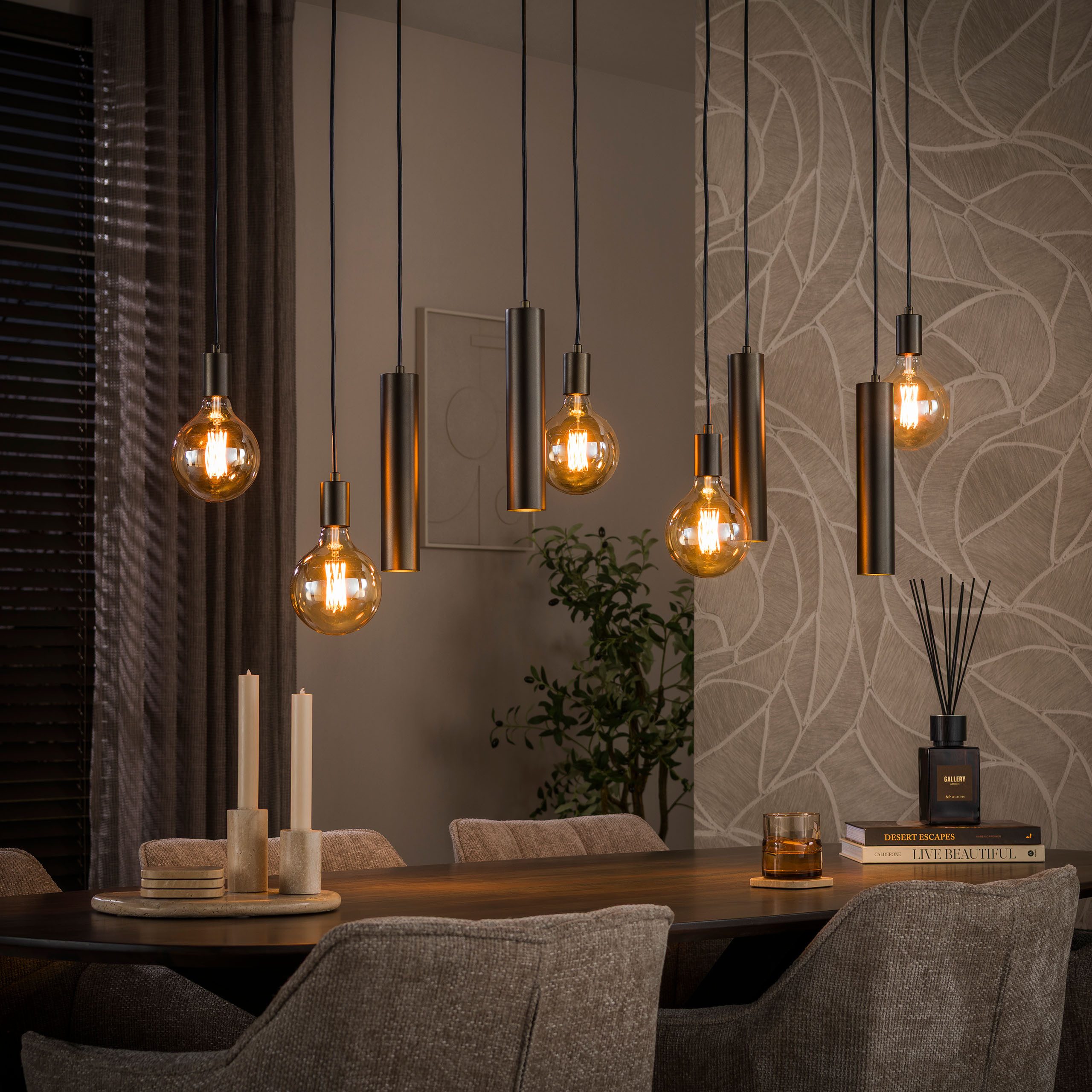 leven! Annekathrin Storkebaum Pendelleuchte Hängelampe LUMIO XL 9 flammig Metall 120 cm beige oder braun, ohne Leuchtmittel, Höhenverstellbar, dimmbar, Farbe wählbar, 9-flammig