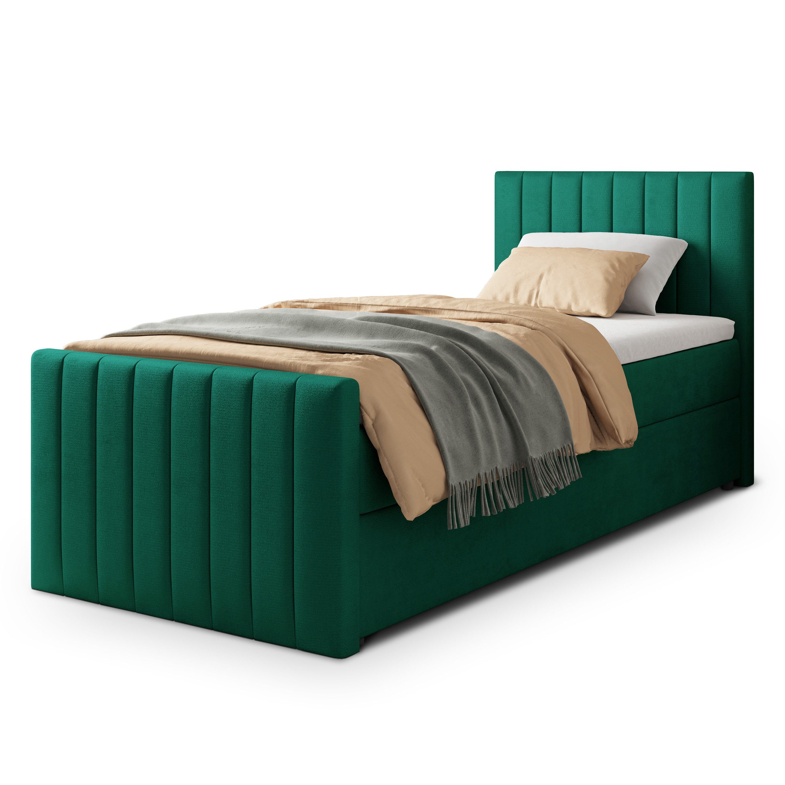 Masseno Boxbett ARION 100x200 cm mit Bonell Matratze und Topper, Einzelbett, Jugendbett, Polsterbett mit Kopfteil, Boxspringbett