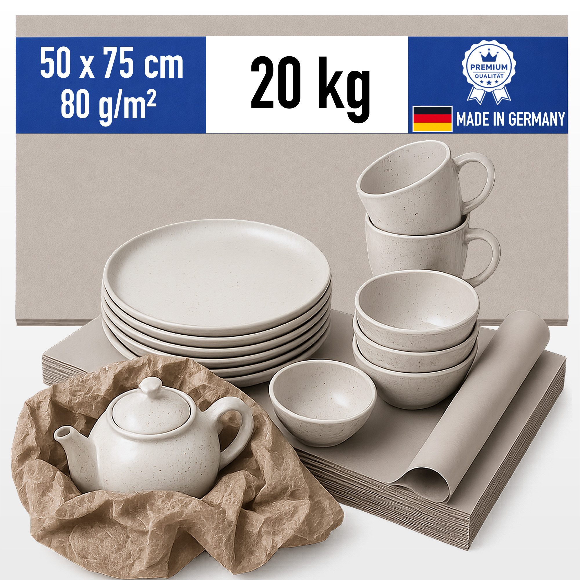 Papieronkel Recyclingpapier Schrenzpapier Packpapier Bogen 50x75cm 80g/m² Verpackungspapier Umzug, 20kg Einschlagpapier, 100% Öko-Recycling, Made in Germany, plastikfrei