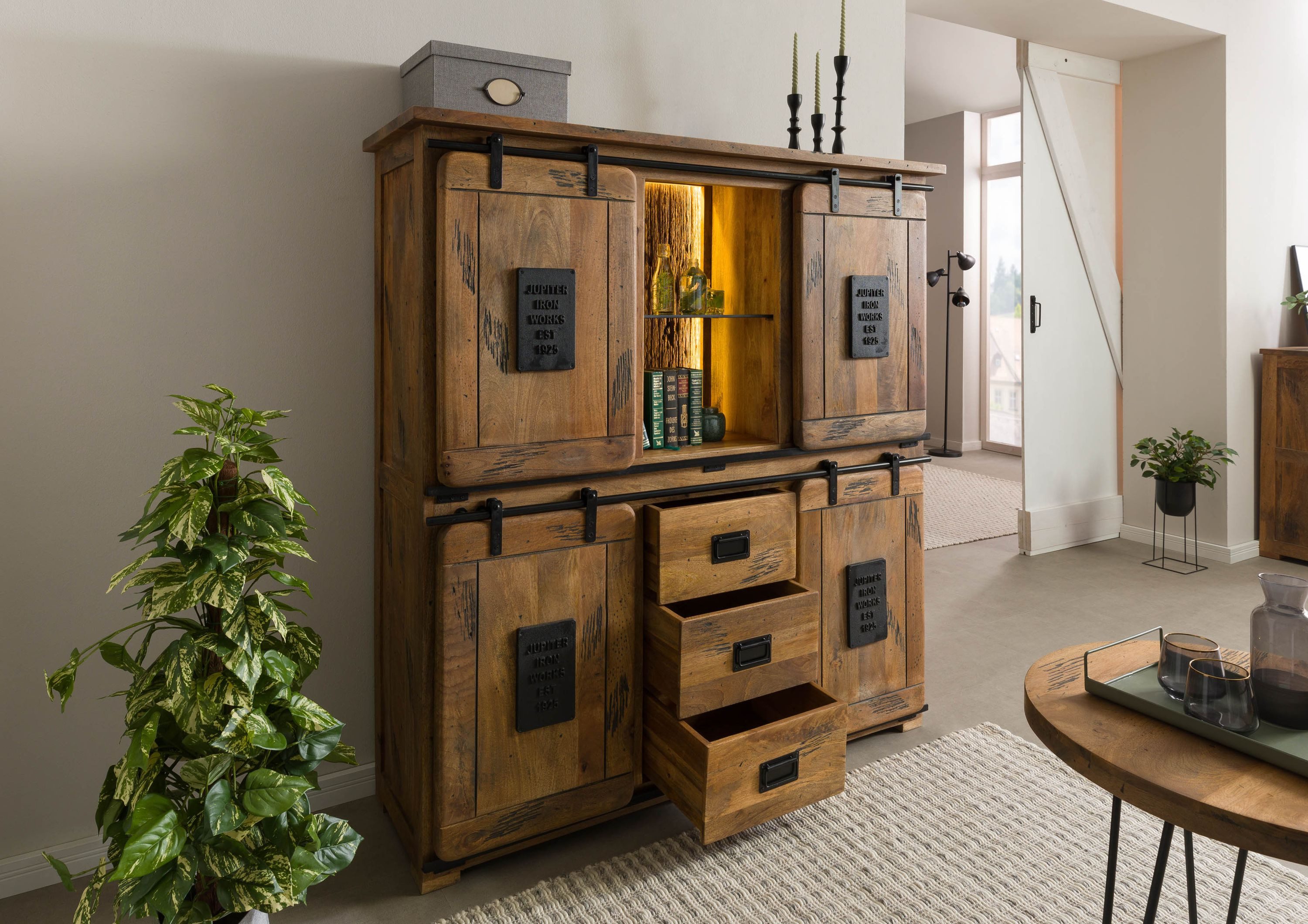 Massivmoebel24 Highboard RAILWAY LUX (Massivholz), Mango / Altholz 150x45x160 natur lackiert RAILWAY LUX #120