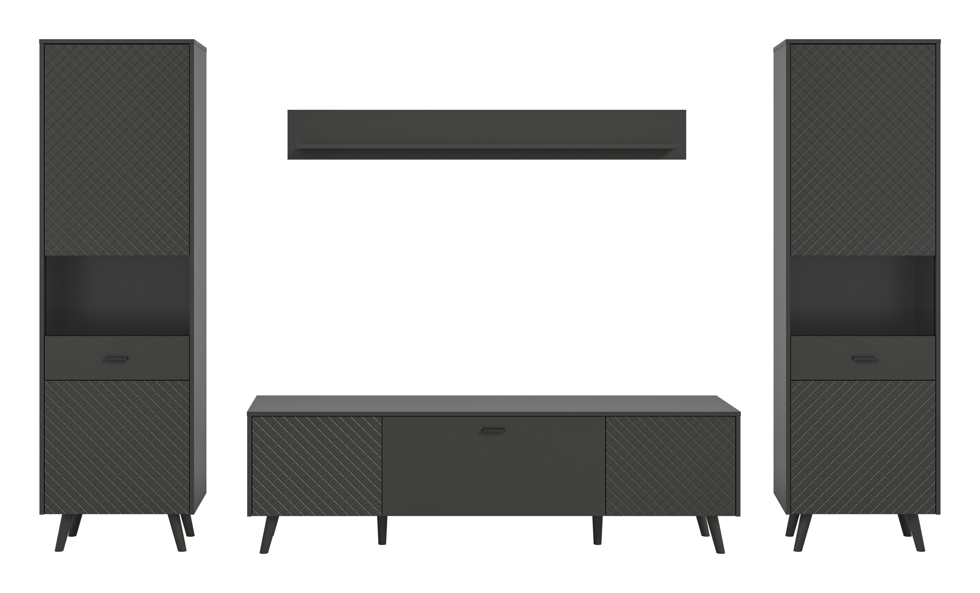 freiraum Wohnwand Linea, (4-teilig) 2 Vitrinen, Lowboard, Wandboard, grau - 331x195x40cm BxHxT