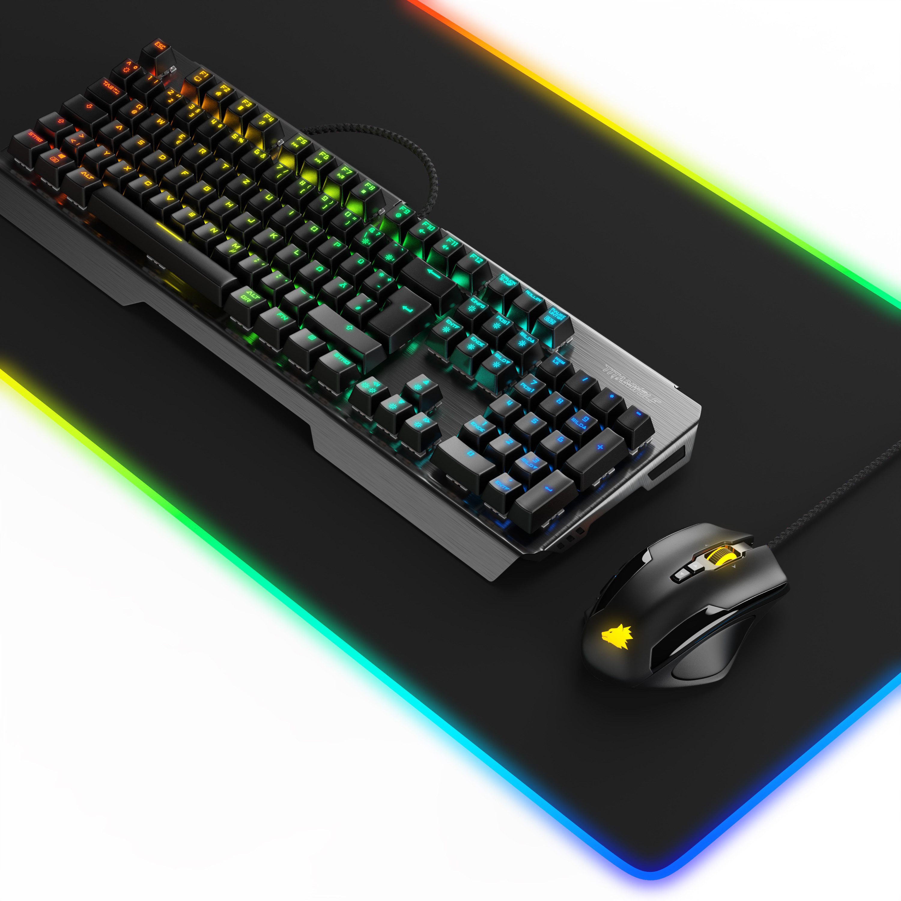 Titanwolf Mechanisches Keyboard, Mouse & RGB Mousepad Gaming Bundle Tastatur-, Maus- und Mauspad-Set, (Spar-Set, 3 St), Anti-Ghosting, LED 19 Modi, Makro, 10800dpi, XXL Schreibtischunterlage