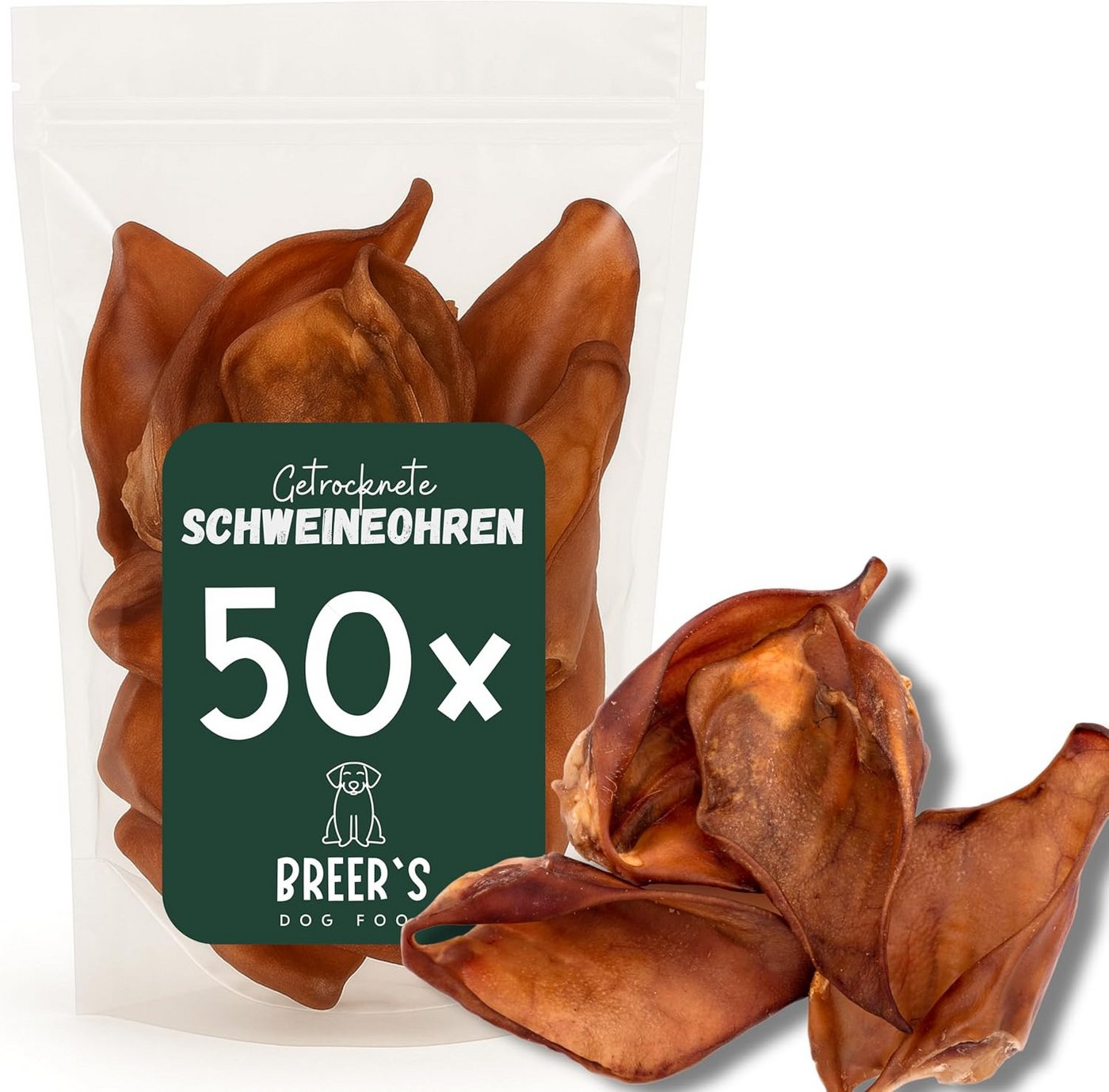 Breers Pet Food Schweineohren getrocknet 50 Stück Kausnack Hundeleckerlie, Einzelfuttermittel für: Hunde, Harter Kauartikel, Leckerli getreidefrei, Hundesnack zuckerfrei