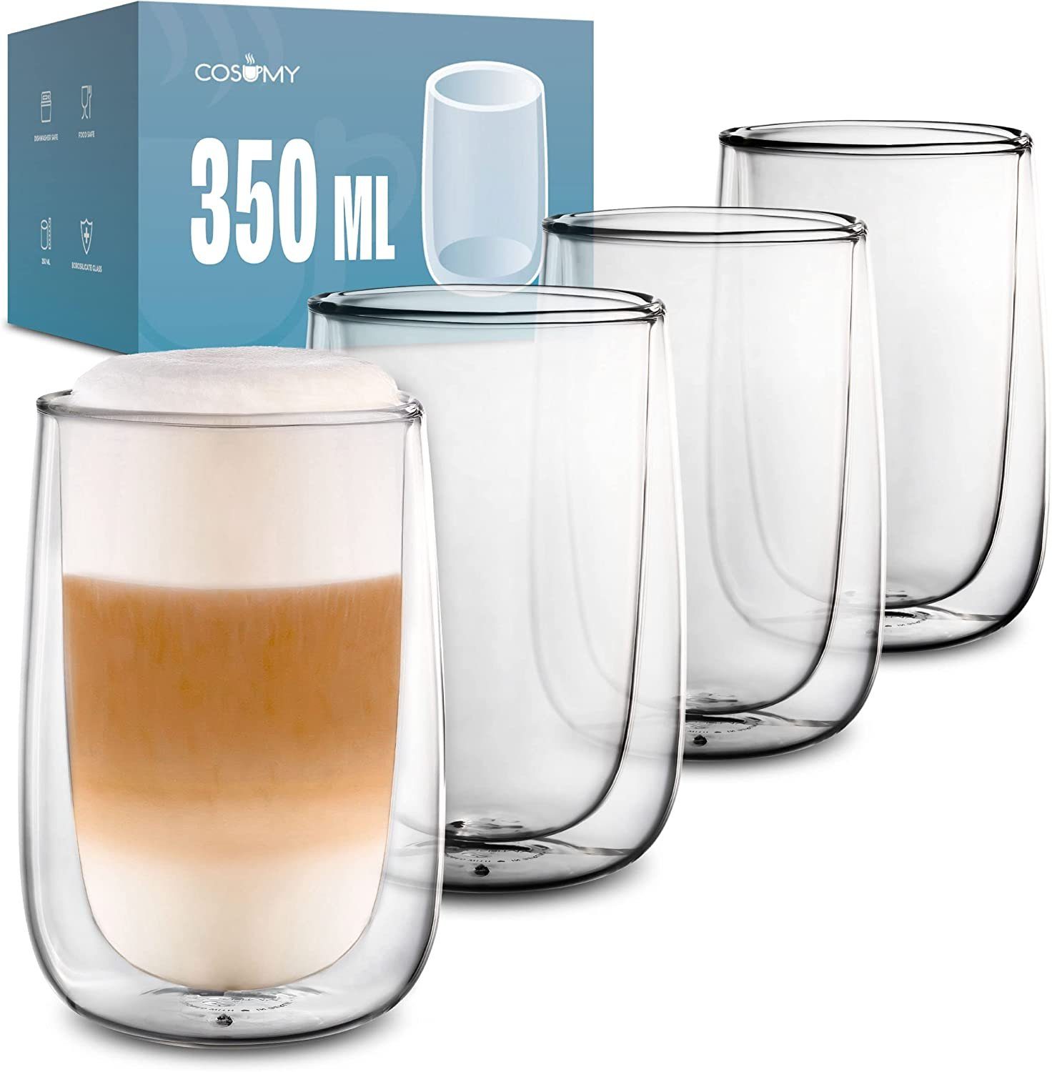 Cosumy Gläser-Set 4 Latte Macchiato Gläser doppelwandig 350ml, Glas, Für Latte Macchiato - Spülmaschinenfest - Hält lange warm