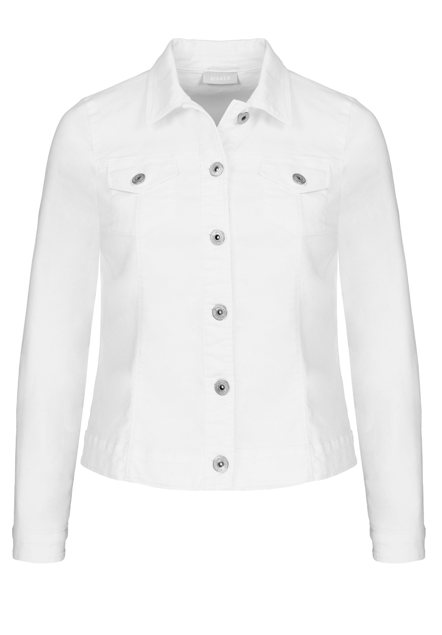 bianca Jeansjacke – Weiße Denimjacke mit Kentkragen und Knopfleiste