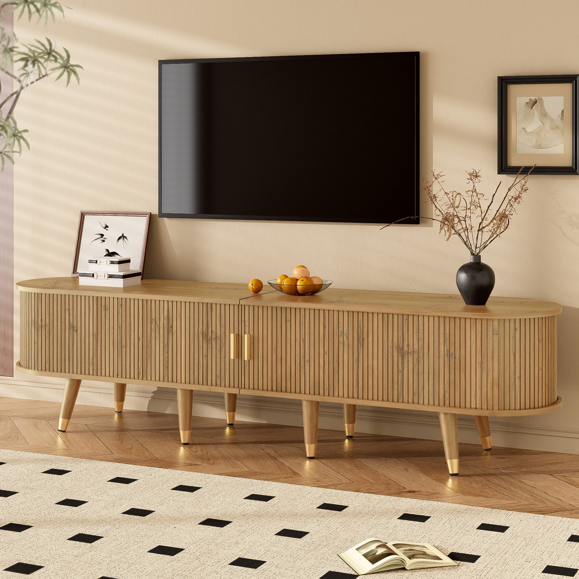 OKWISH Lowboard mit Rattan-Schiebetür (Fernsehtisch, Wohnzimmermöbel, Ferns günstig online kaufen