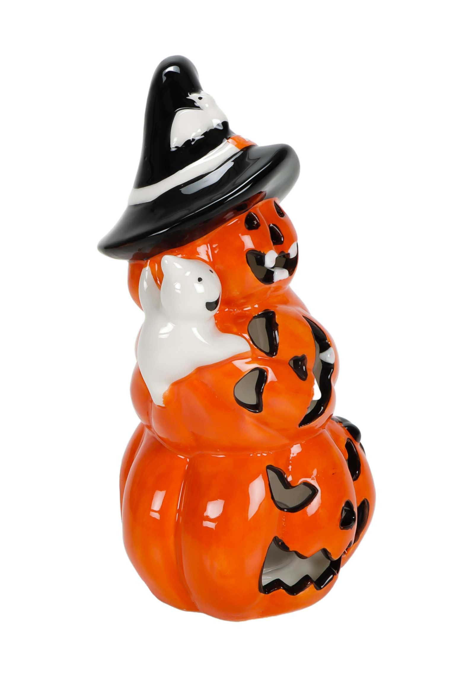 Wurm Dekofigur Halloween Windlicht (1 St., Deko Kürbis aus Keramik), 3 Kürbis-Gesichter aufeinander mit kleinem Geist und Hexenhut