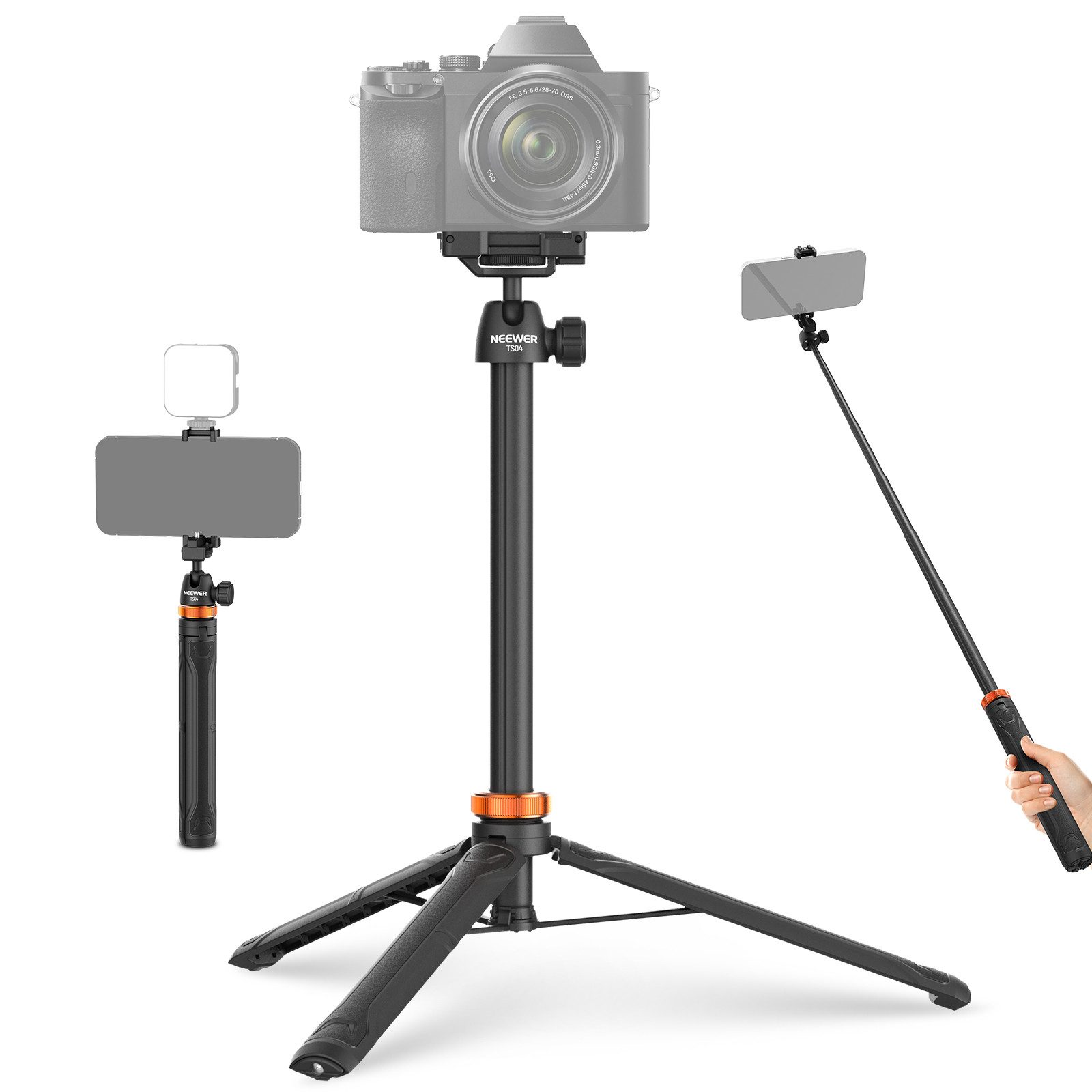 Neewer TS04 59"Selfie Stick Stativ, mit 360° Kugelkopf Handyhalterung Handstativ (Kleines Metall Tragbares Reisestativ für iPhone & DSLR Kameras)