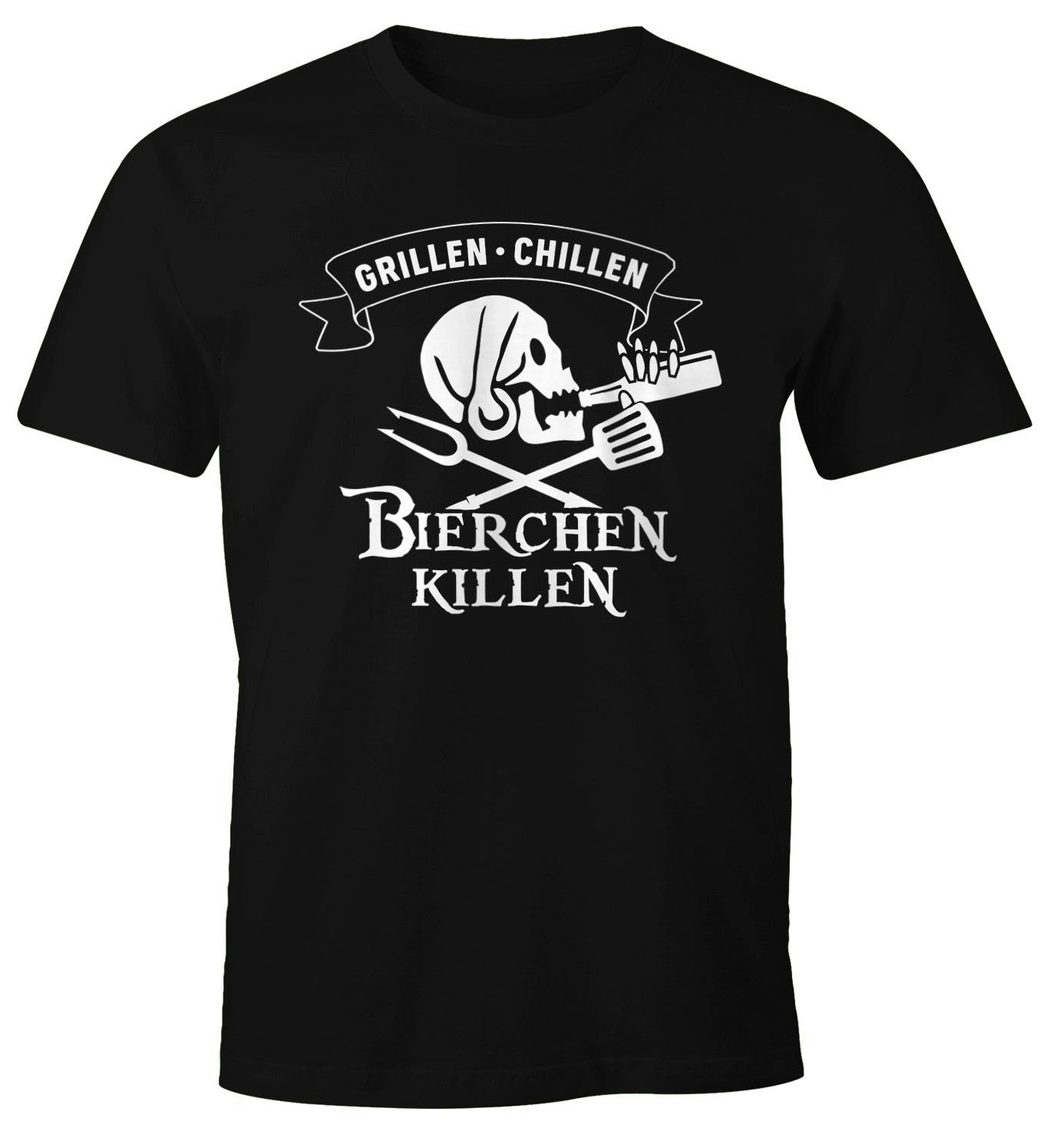 Killen Bier lustig Skull MoonWorks Chillen Moonworks® Fun-Shirt T-Shirt Print Pirat Grillen mit Spruch Bierchen Print-Shirt Herren