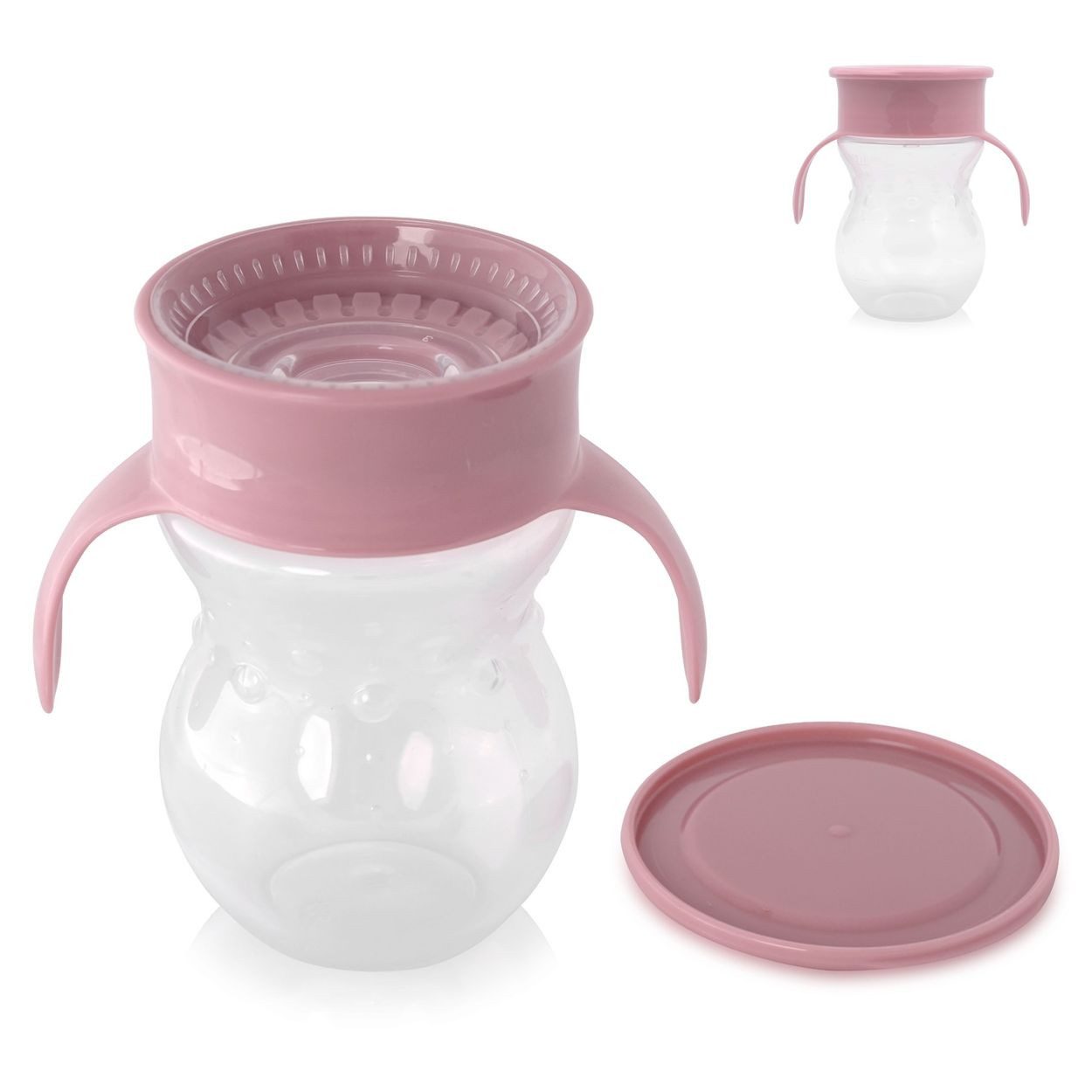 Baby Care Trinkflasche 360 Grad 270 ml, Kunststoff, auslaufsicher, skala, Deckel, Schutzdeckel, Haltegriffe