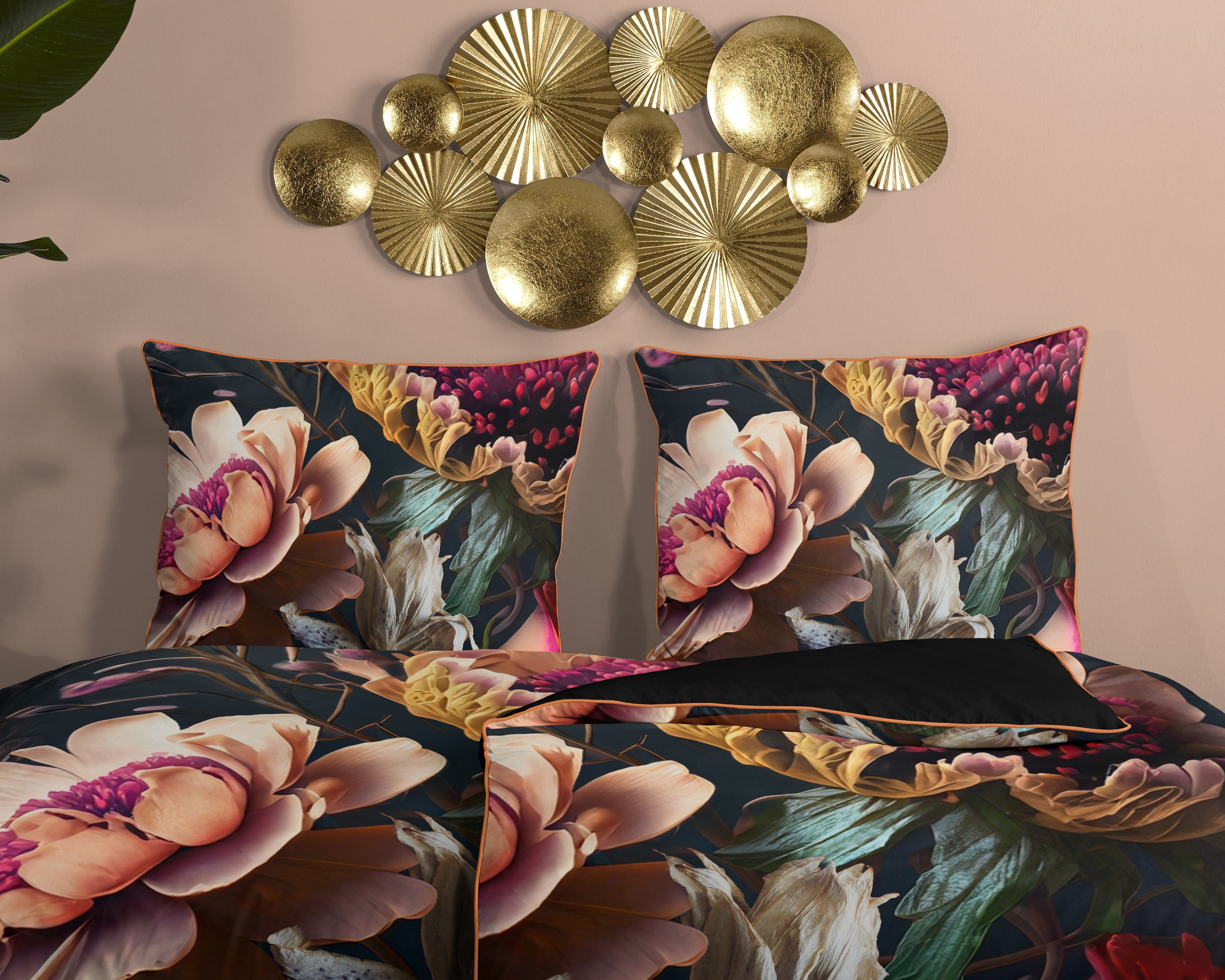 Descanso Wendebettwäsche Straizo, Mako-Satin, Renforcé, Satin, 2 teilig, Satin, Reißverschluss, Paspel, Biese, Wende, Luxe, Blume, Anthrazit