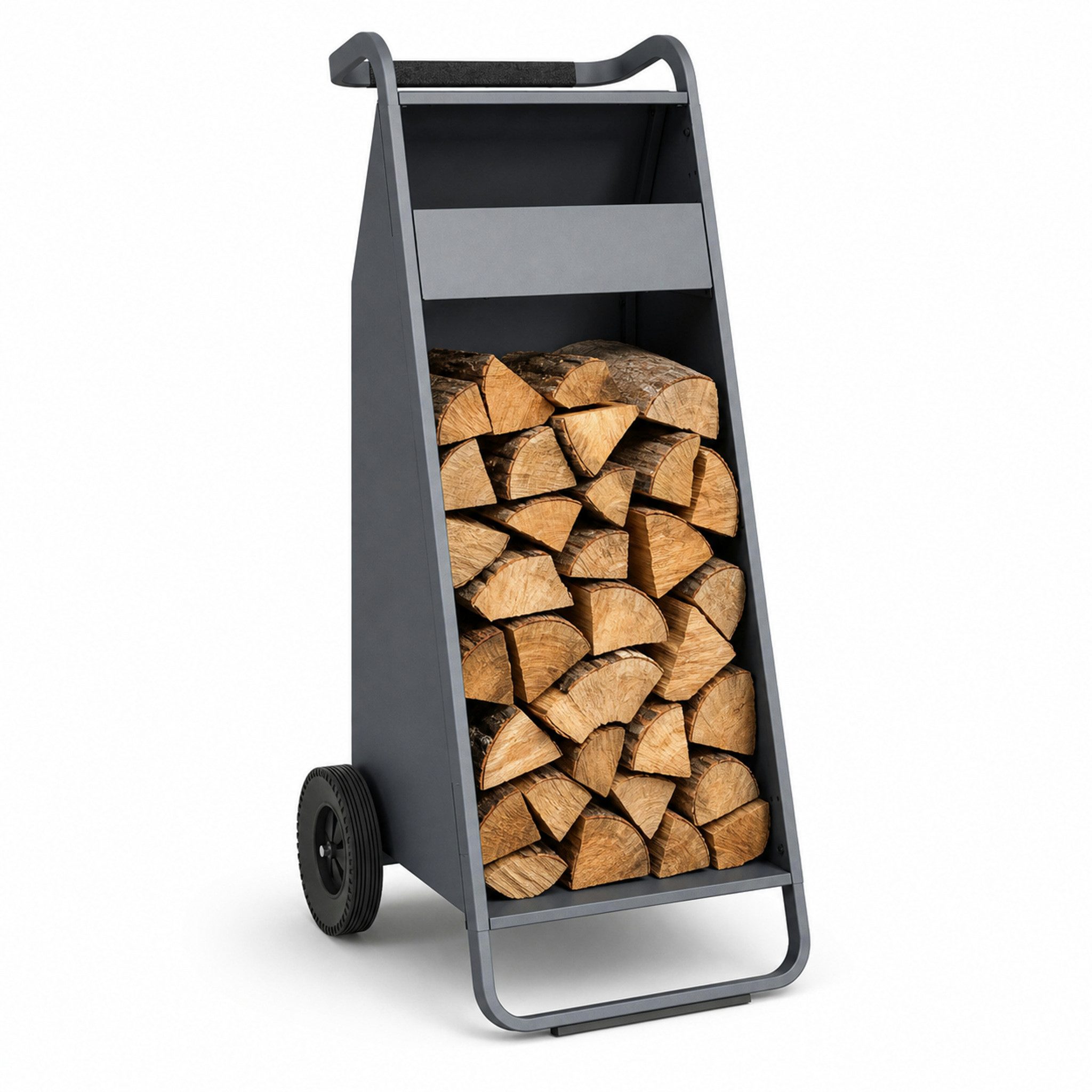 Kubus Kaminholzregal Marco mit 2 Rädern und gepolstertem Griff 43 × 56 × 116 cm, (Einzelartikel, 1-teilig), Mobile Konstruktion im Schubkarren-Design