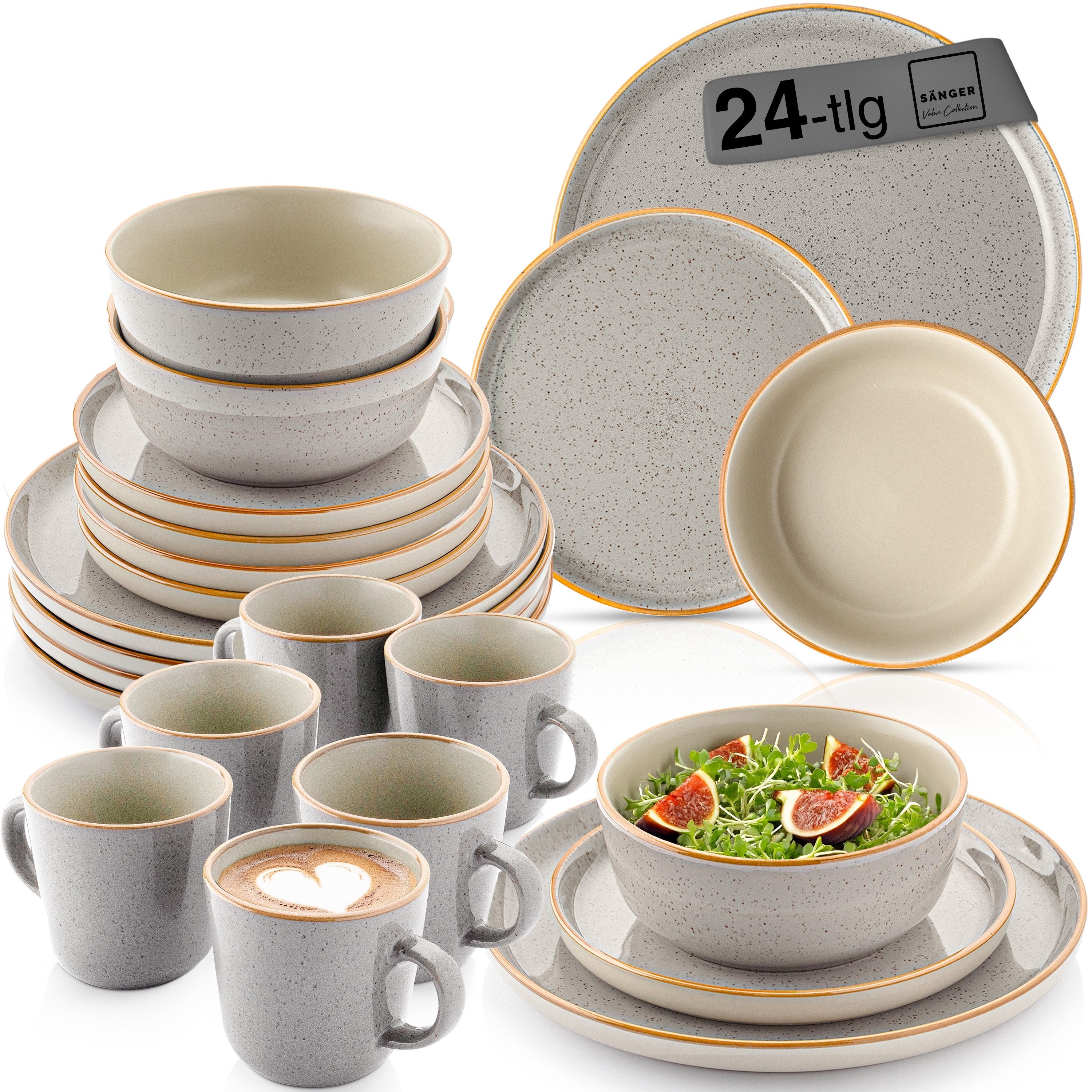 SÄNGER Tafelservice Rio Geschirrset (24-tlg), 6 Personen, Steingut, Handmade, Perlgrau, Erweiterbar, VALUE COLLECTION