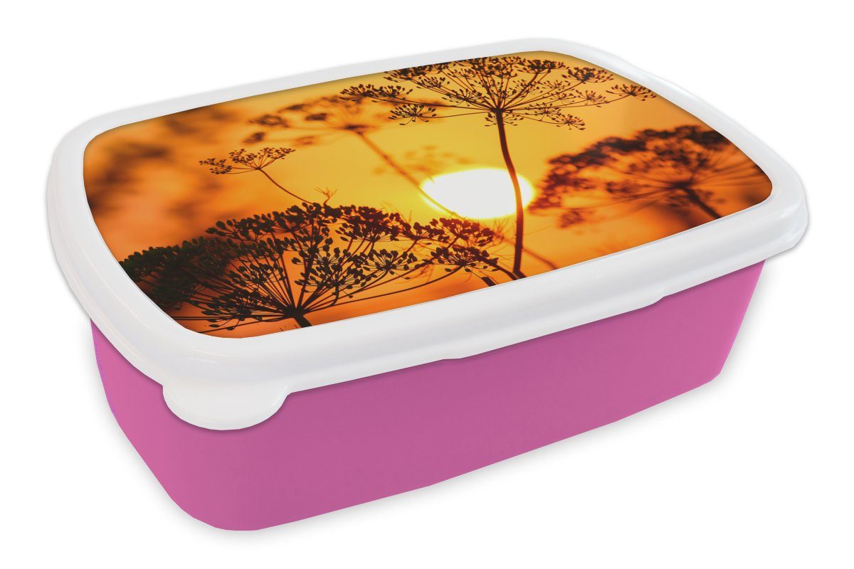 Snackbox, MuchoWow Kinder, für - - Kunststoff, Lunchbox Orange, Kunststoff Erwachsene, Brotbox Sonnenuntergang rosa (2-tlg), - Brotdose Pflanzen Mädchen, Blumen