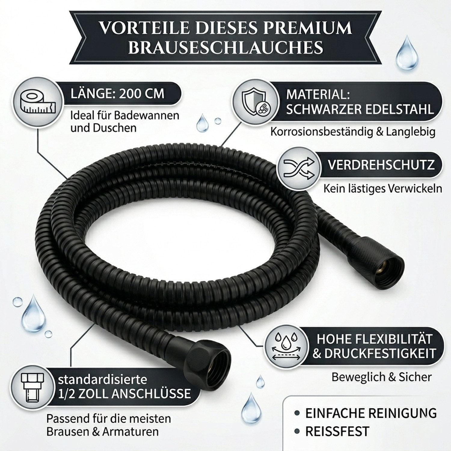 Sanixa Brauseschlauch Qualitäts Duschschlauch Edelstahl schwarz 200 cm, (Verdrehschutz, 1 St., Wasserspareinsatz herausnehmbar), für Handbrause Duschbrause Standart Anschluss