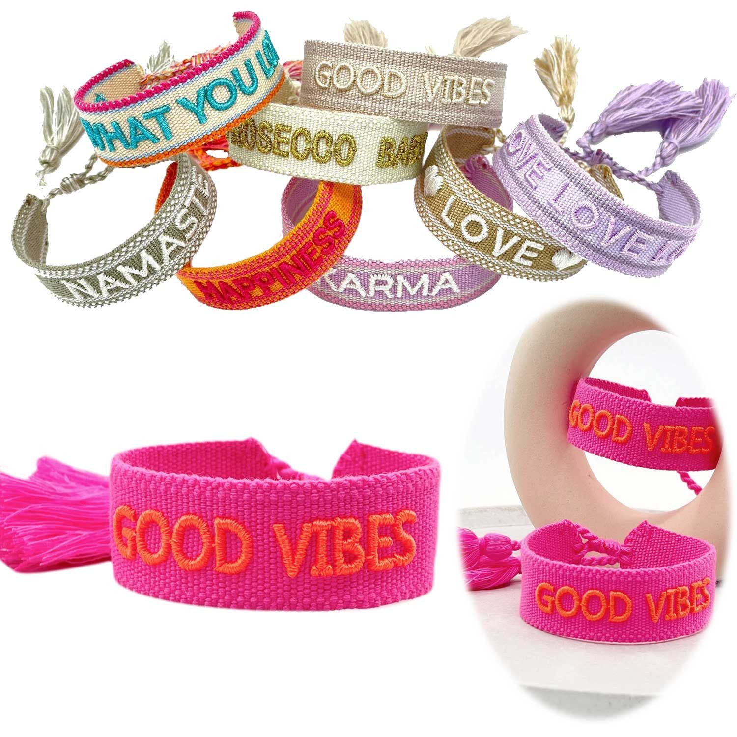 LS-LebenStil Armband Canvas Statement Armband Good Vibes Neon Pink Orange Quasten bestickt (Baumwollarmband Webarmband Armbandliebe Freundschaftsarmband Freundschaftsband Partnerarmband, 1-tlg., textil geflochten gewebt - hochwertiger gestickter Spruch),