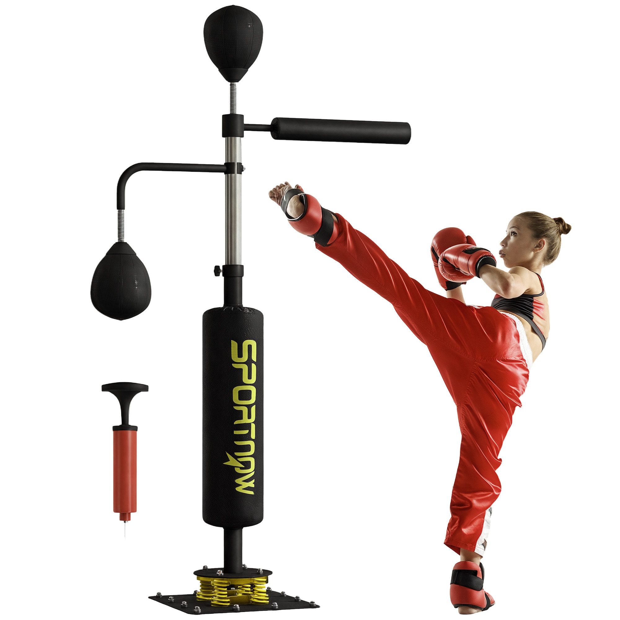 SPORTNOW Standboxsack Aufblasbarer Speed Ball mit Pumpe, Saugfuß, 2 Reflexsbälle (140-205 cm höhenverstellbar Punchingball Set, 1-tlg., freistehend Boxsack), Kickboxsack Boxing Trainer für Erwachsene Jugendliche Krafttraining