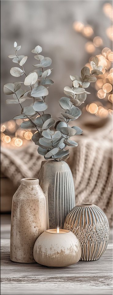 artissimo Glasbild Bild aus Glas 30x80 cm / Wandbild Hochformat / Wanddeko modern, Pflanzen und Natur: Eukalyptus Stillleben in Salbei-Grün
