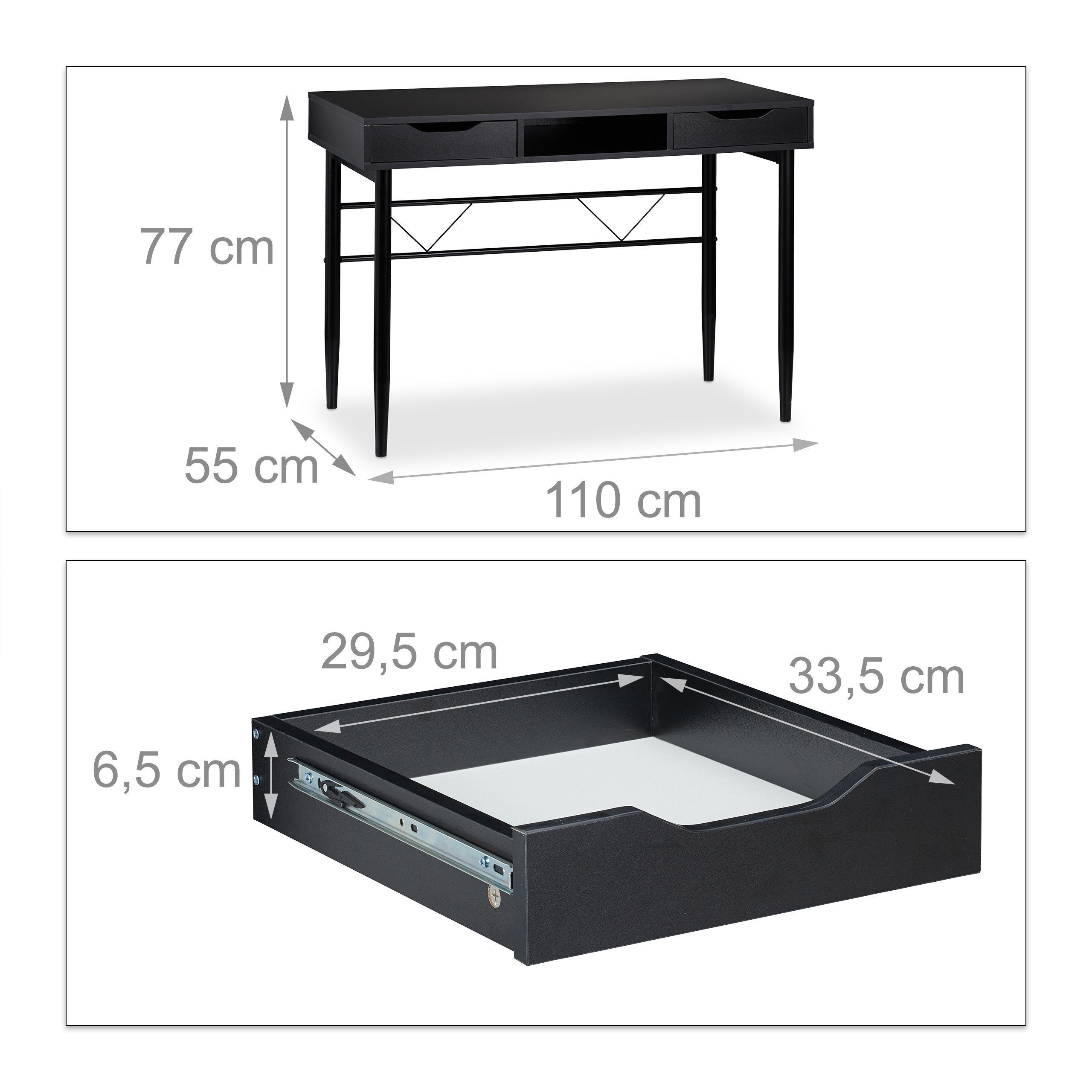 / Schwarz mit Schwarz Schreibtisch Schreibtisch Schubladen, relaxdays
