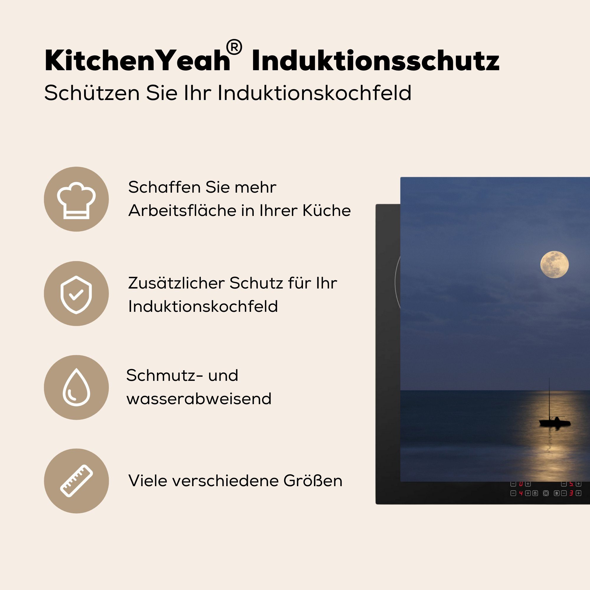 für Ceranfeldabdeckung, Mond, küche (1 Arbeitsplatte Vinyl, - MuchoWow tlg), - Herdblende-/Abdeckplatte 78x78 Spiegelung Boot cm,