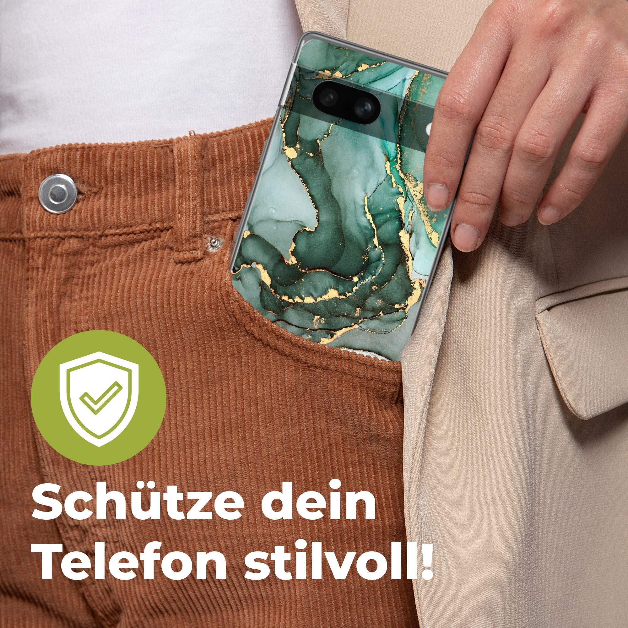 MuchoWow Handyhülle für Google Pixel 7a Gold - Marmor - Grün - Luxus - Marmoroptik - Grau, Handy Case, Silikon, Bumper Case Dünn