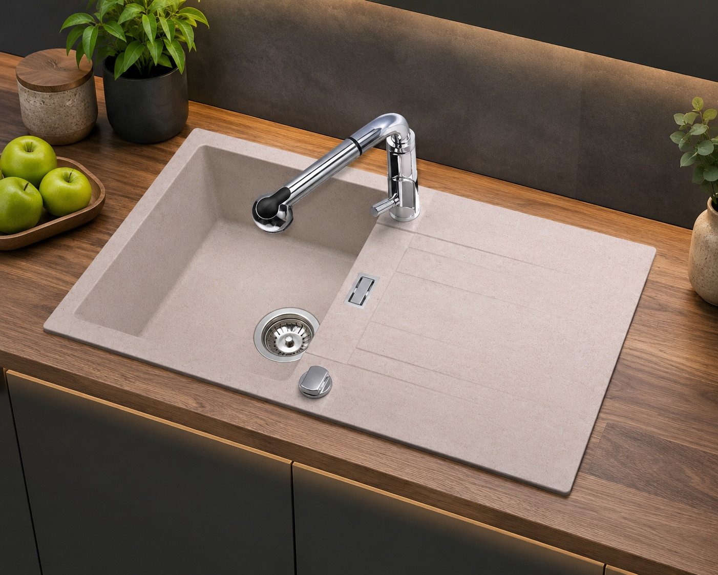 Homeline Granitspüle London Granitspüle Schwarz Weiß Beige Grau Küchenspüle Siphon 76x44, Eckig, 76/43 cm, Wecken, kann rechts und links eingebaut werden., (Granitspüle, 2 St., Inklusiv Ablaufgarnitur)