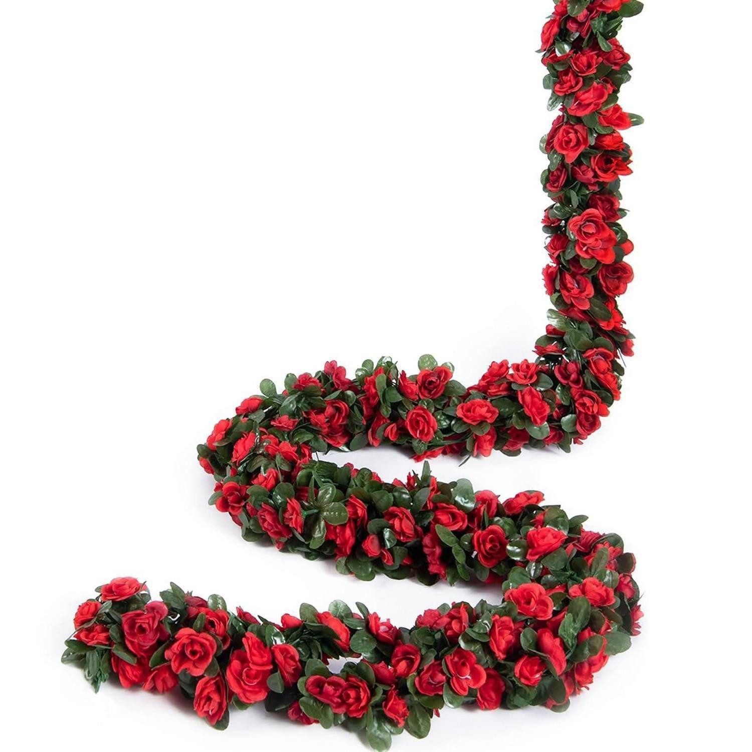 Kunstgirlande Künstliche Blumengirlande Rosen 5 Stück Rot 2,45M, LuxusKollektion, Höhe 4 cm