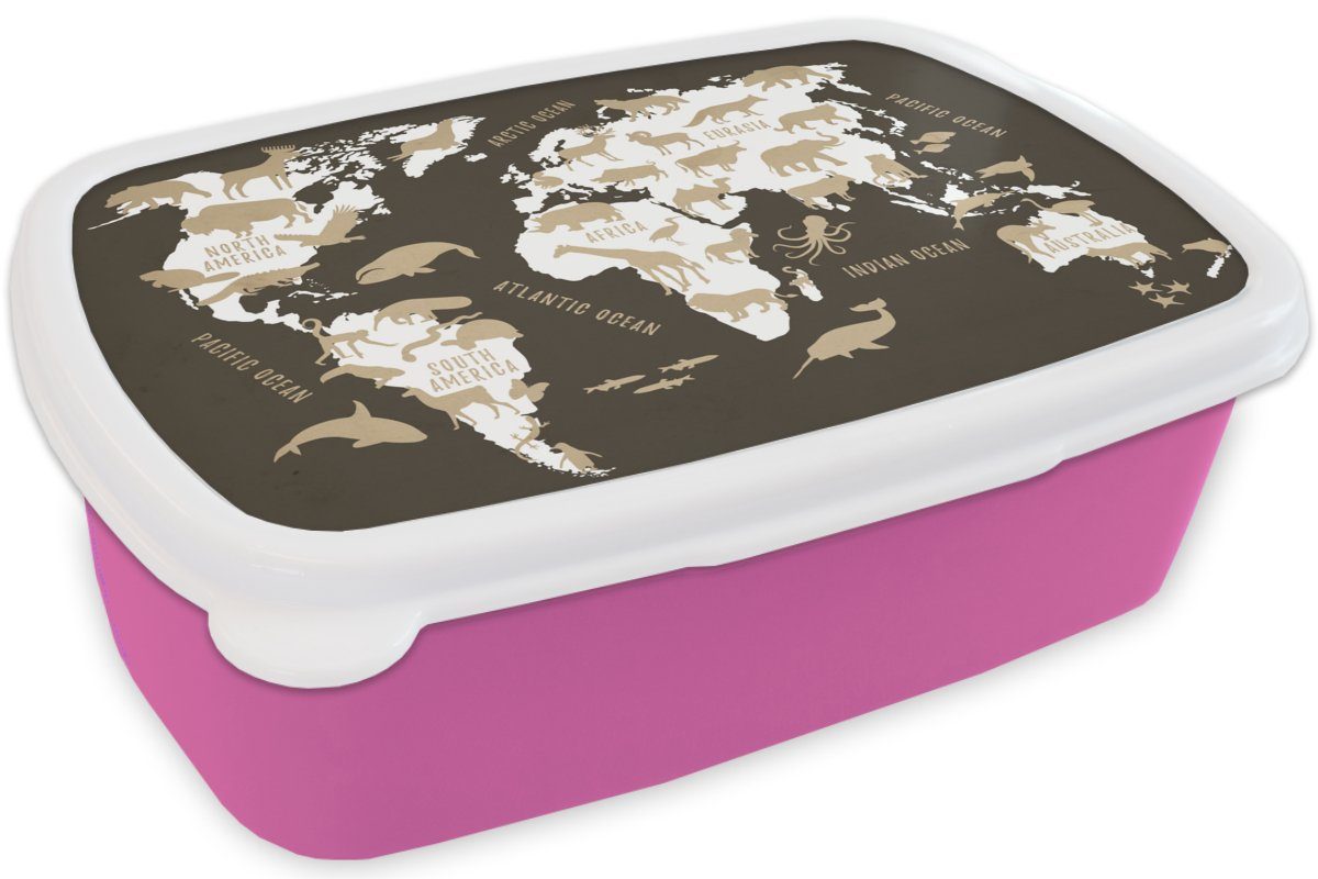 MuchoWow Lunchbox Mädchen, Weltkarte - Tiere Kinder, Kunststoff (2-tlg), Kunststoff, Erwachsene, rosa für Brotbox Brotdose - Beige, Snackbox