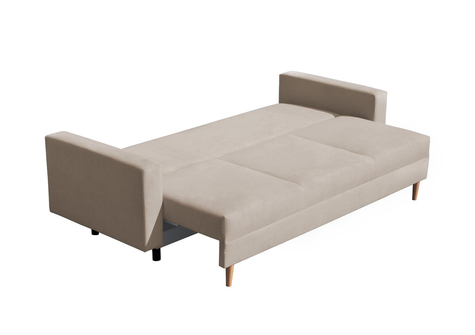 mit Sofa MILAN, Wellenunterfederung, 3-Sitzer Hellbraun 3-Sitzer (trinity skandinavisches Bettkasten, Holzbeine, Beautysofa 03) Design, Relaxfunktion