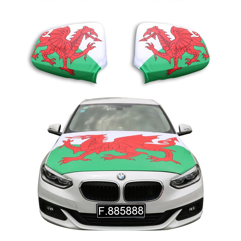 Sonia Originelli Fahne Fanset "Wales" Fußball Motorhaube Außenspiegel Flagge, für alle gängigen PKW Modelle, Motorhauben Flagge: ca. 115 x 150cm
