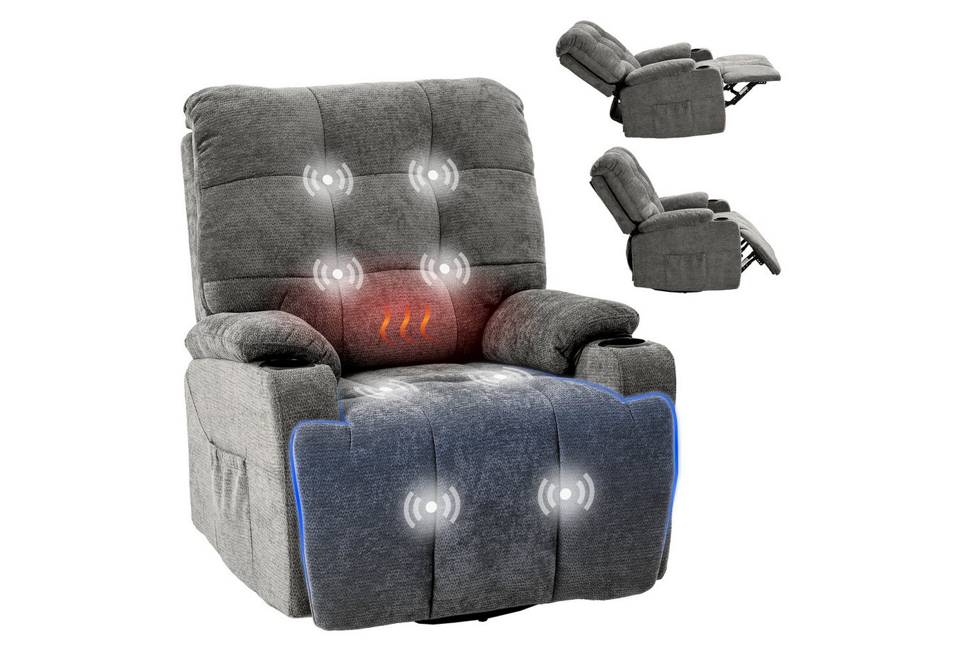 FLEXISPOT Relaxsessel Elektrischer Schaukelsessel, Massagesessel, Fernsehsessel,360°drehbar (mit Heiz- und Liegefunktion, 8-Punkt-Massage, USB-/Type-C-Ansclhluss, 2 Seitentaschen, 2 integrierte Getränkehalter, 105°-165° verstellbar), belastbar bis 200 kg,