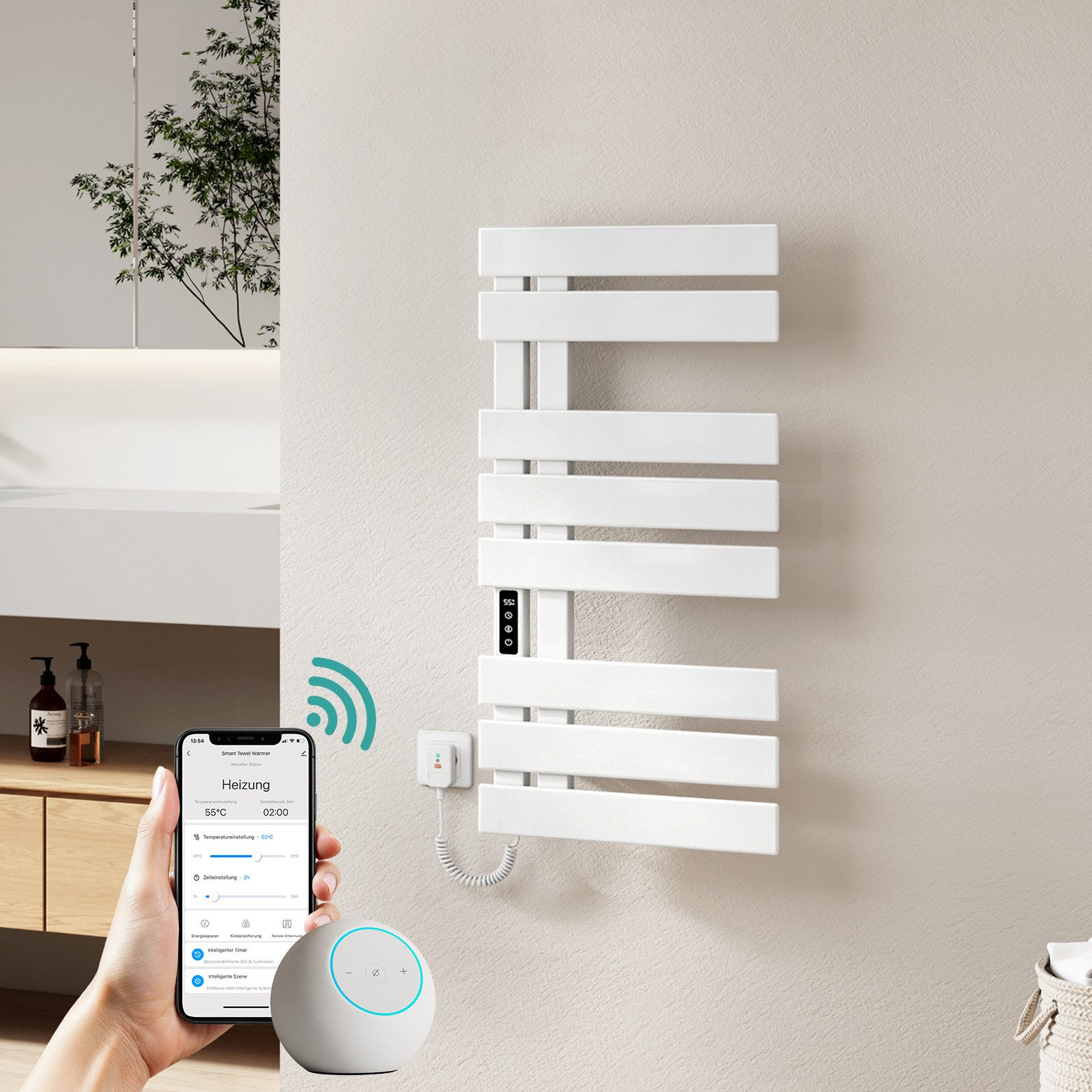 EMKE Elektrischer Badheizkörper Handtuchtrockner mit Smart Thermostat WLAN-/App-Steuerung Timer, Ausführung Link/recht Designheizkörper Flach Badheizkörper 85 × 40 cm
