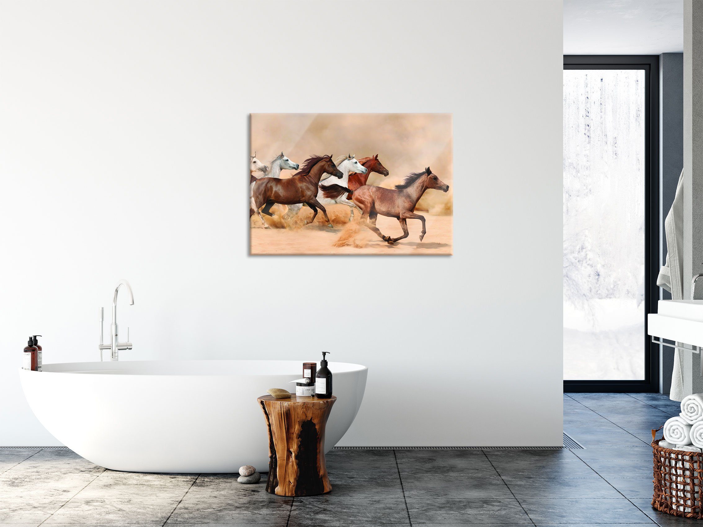 St), in Western Wüste, Glasbild und in (1 Pferde inkl. Pixxprint Wüste aus Aufhängungen Pferde Echtglas, Western Glasbild Abstandshalter