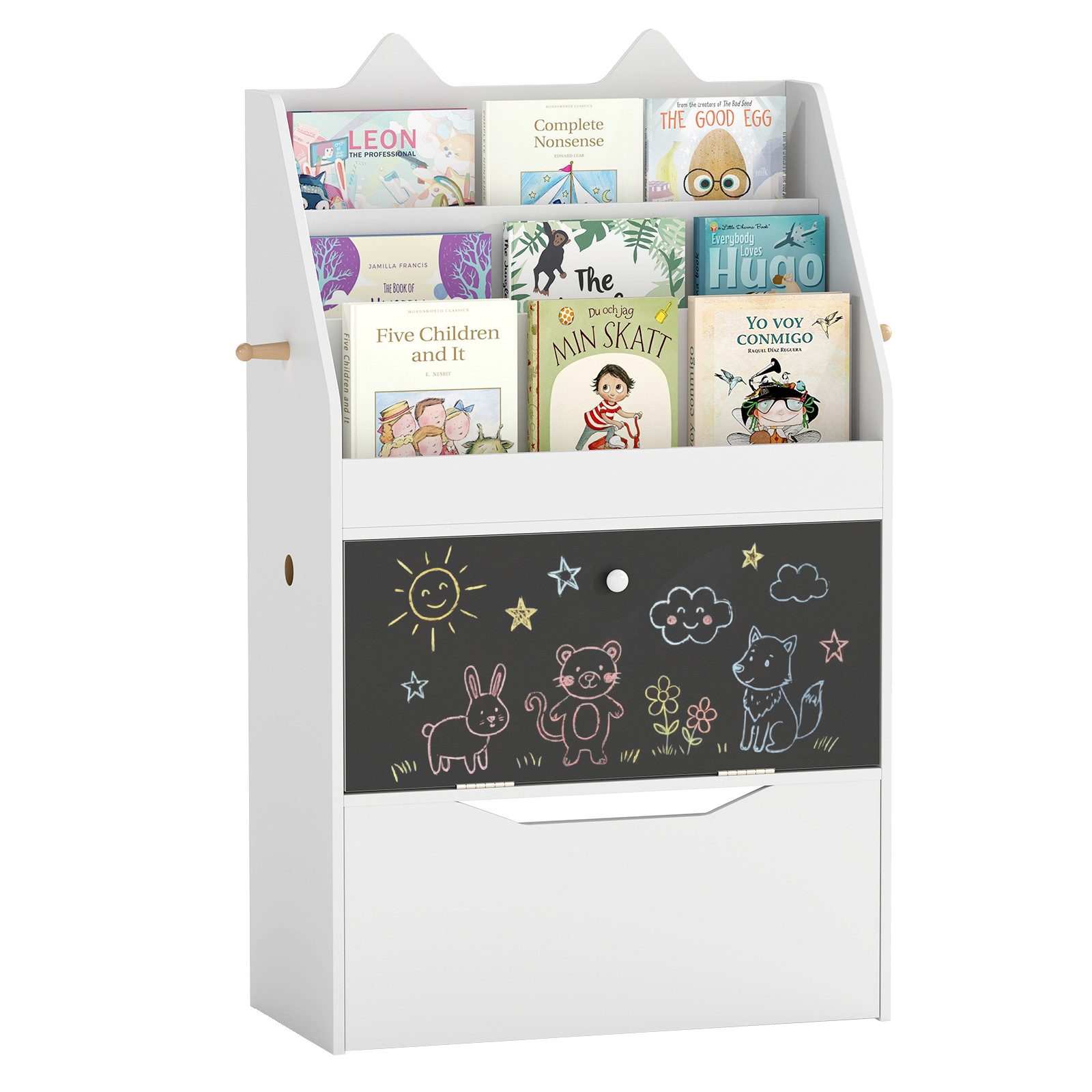 COSTWAY Kinderregal, mit 2 Haken, 3 Regalen, abnehmbarer Schublade mit Rollen