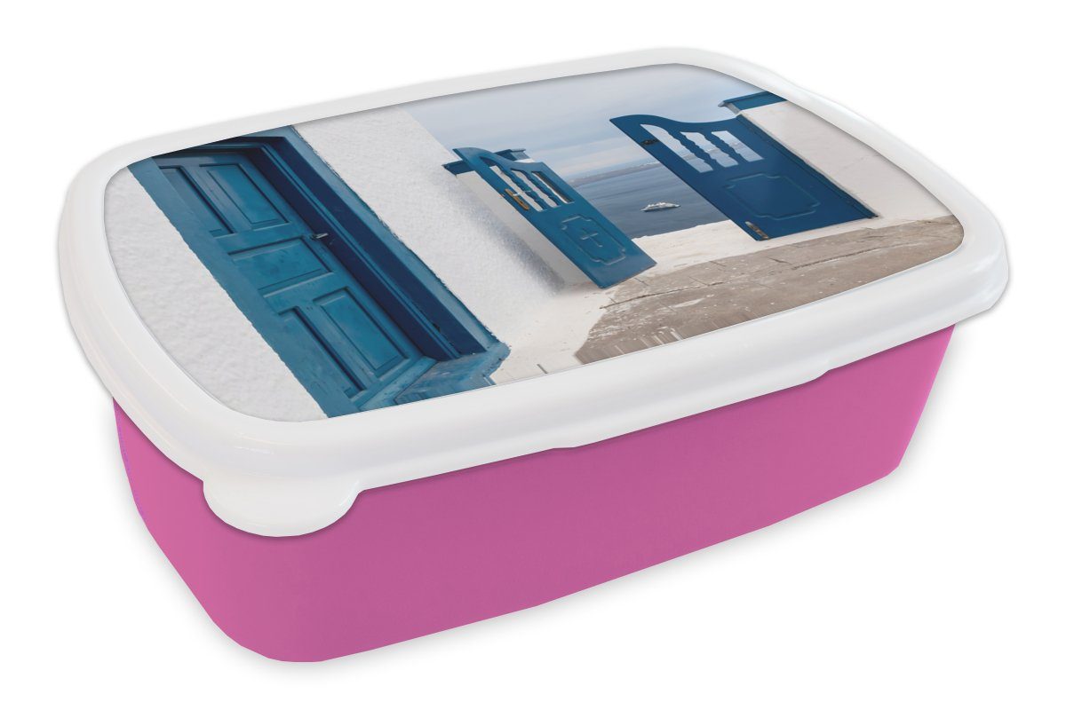 MuchoWow Lunchbox Tür - Blau - Weiß - Architektur, Kunststoff, (2-tlg), Brotbox für Erwachsene, Brotdose Kinder, Snackbox, Mädchen, Kunststoff rosa