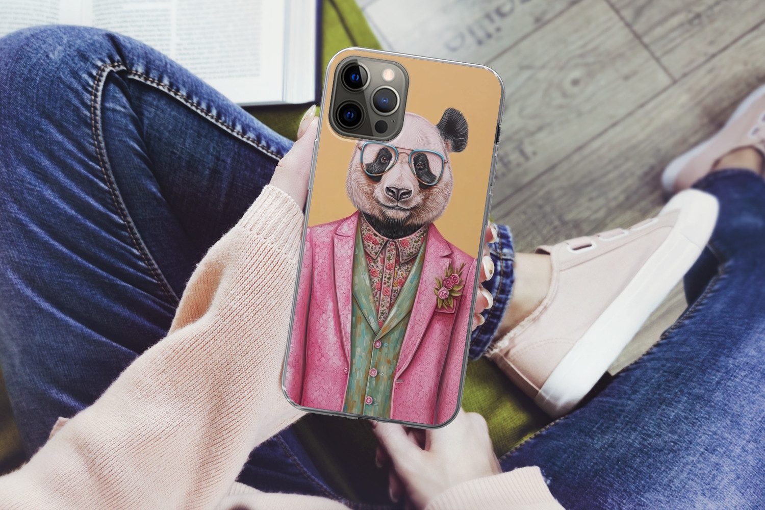 MuchoWow Handyhülle für Apple iPhone 12 Pro Max Panda - Anzug - Sonnenbrille - Blau, Smartphone-Bumper, Print, Handy Schutzhülle Dünn